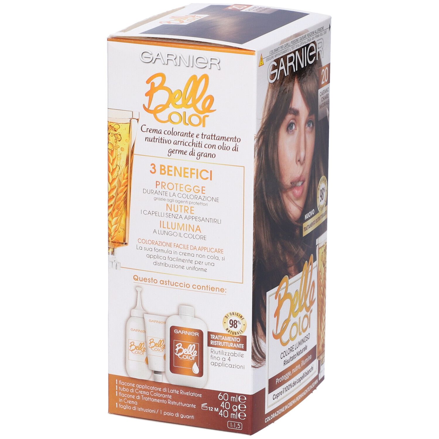 Confezione Garnier Belle Color. Contiene flaconi e informazioni sul prodotto. Testo: 3 benefici, protegge, nutre, illumina.