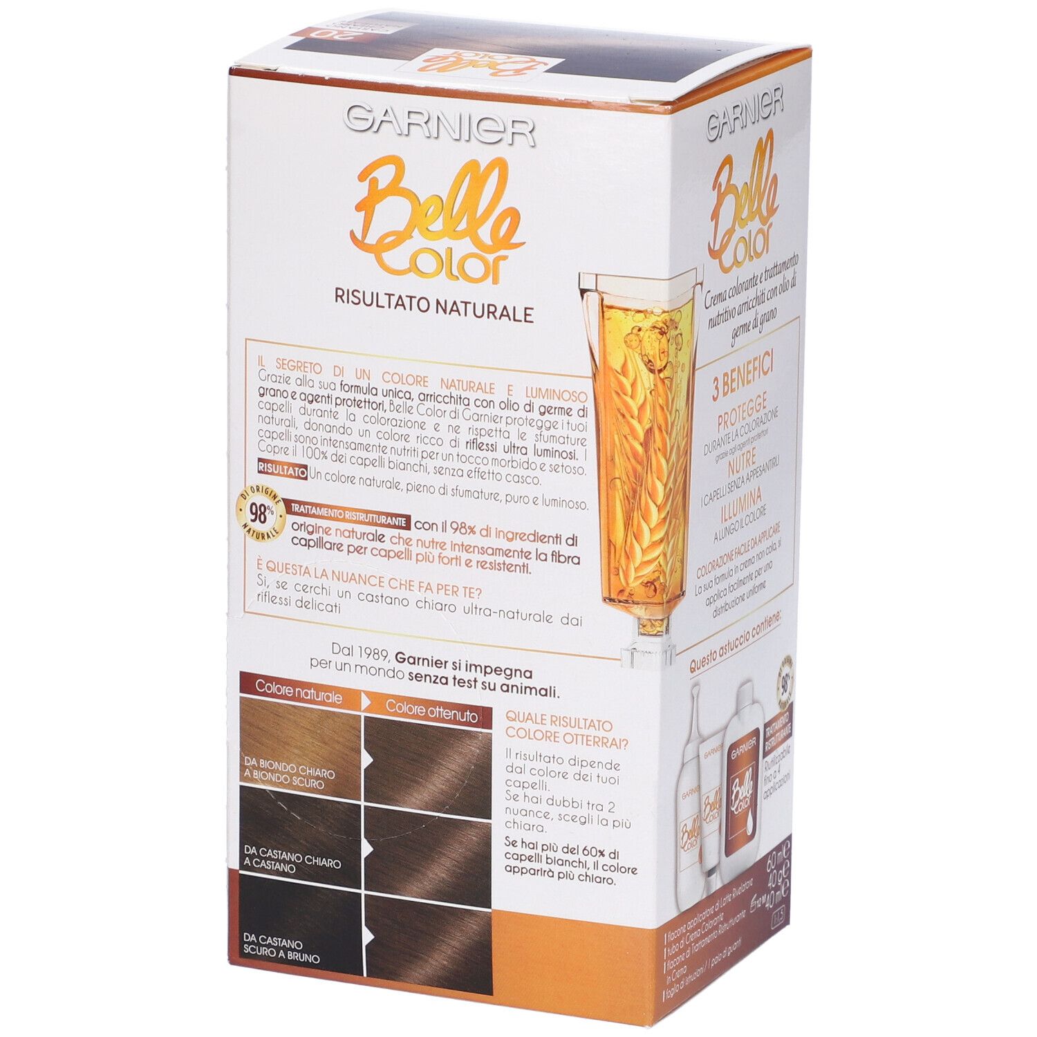 Retro della confezione Garnier Belle Color. Informazioni sul prodotto ed esempi di colore. Testo: Risultato naturale, 3 benefici.