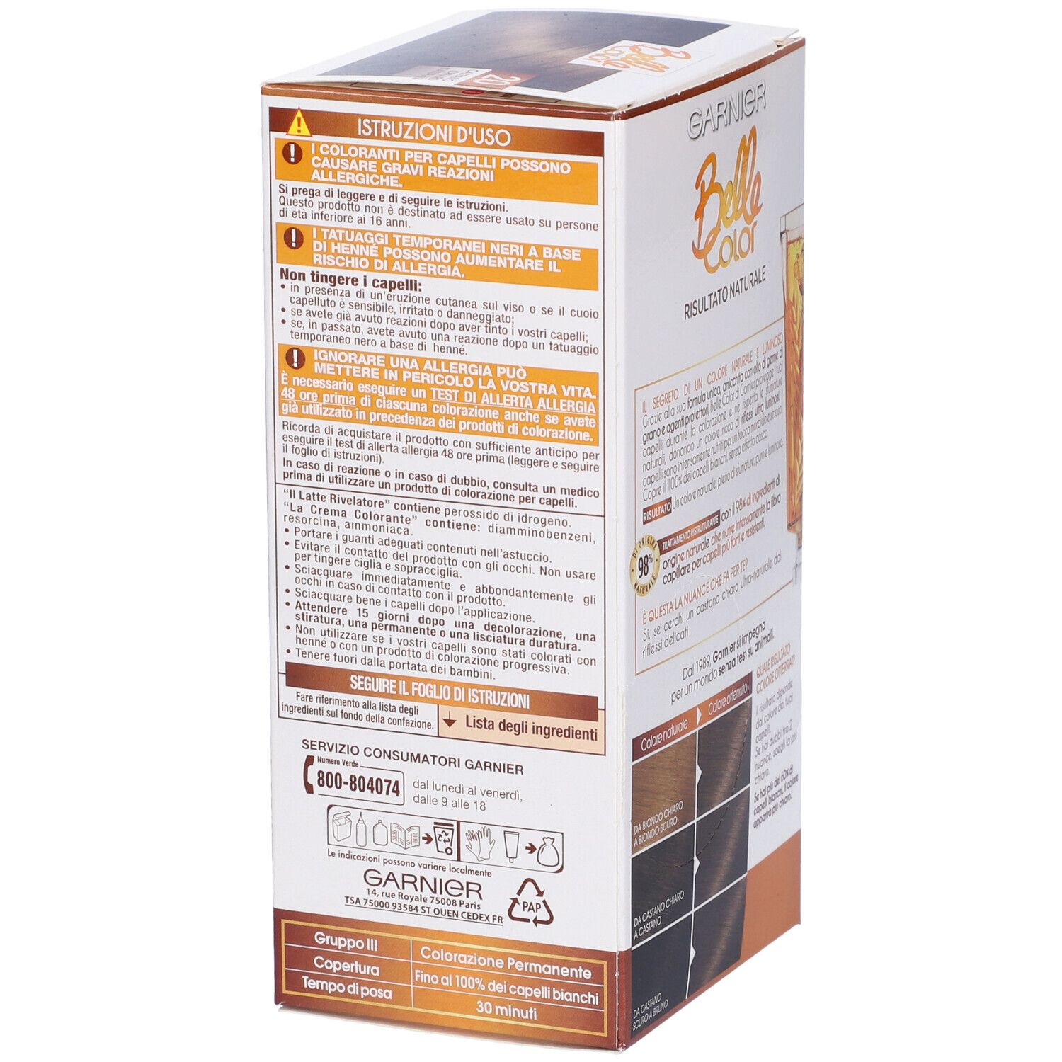 Lato della confezione Garnier Belle Color. Istruzioni per l'uso e avvertenze. Testo: Istruzioni per l'uso, i coloranti possono causare allergie.