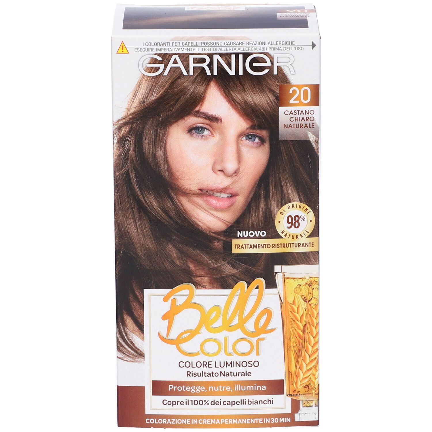 Confezione Garnier Belle Color, tonalità 20, Castano Chiaro Naturale. Immagine di donna con capelli castani.