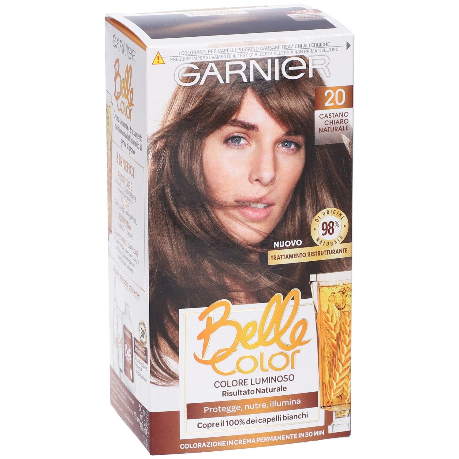 Confezione Garnier Belle Color, tonalità 20, Castano Chiaro Naturale. Immagine di donna con capelli castani.