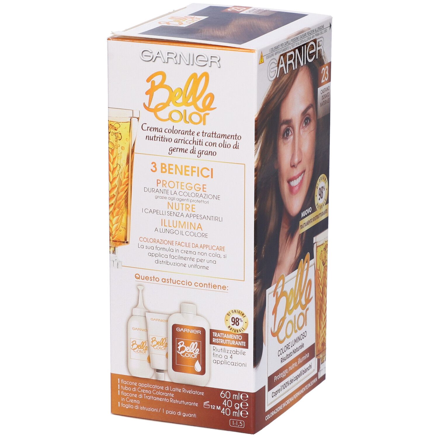 Confezione Garnier Belle Color. Contiene crema, rivelatore e applicatore. 3 benefici: protegge, nutre, illumina.