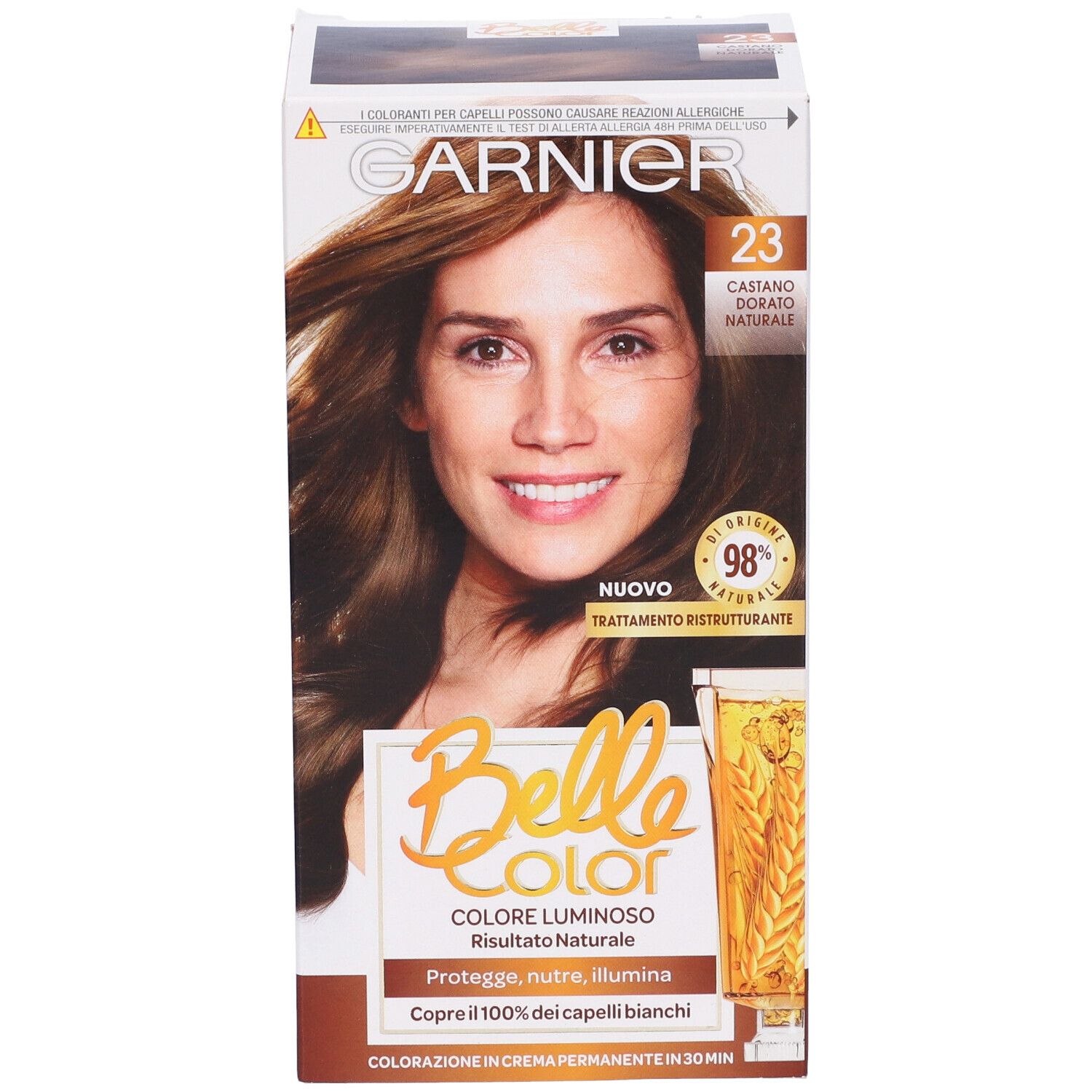 Colorazione Garnier Belle Color, tinta 23, Castano Dorato Naturale. Donna con capelli castani. 98% ingredienti naturali.