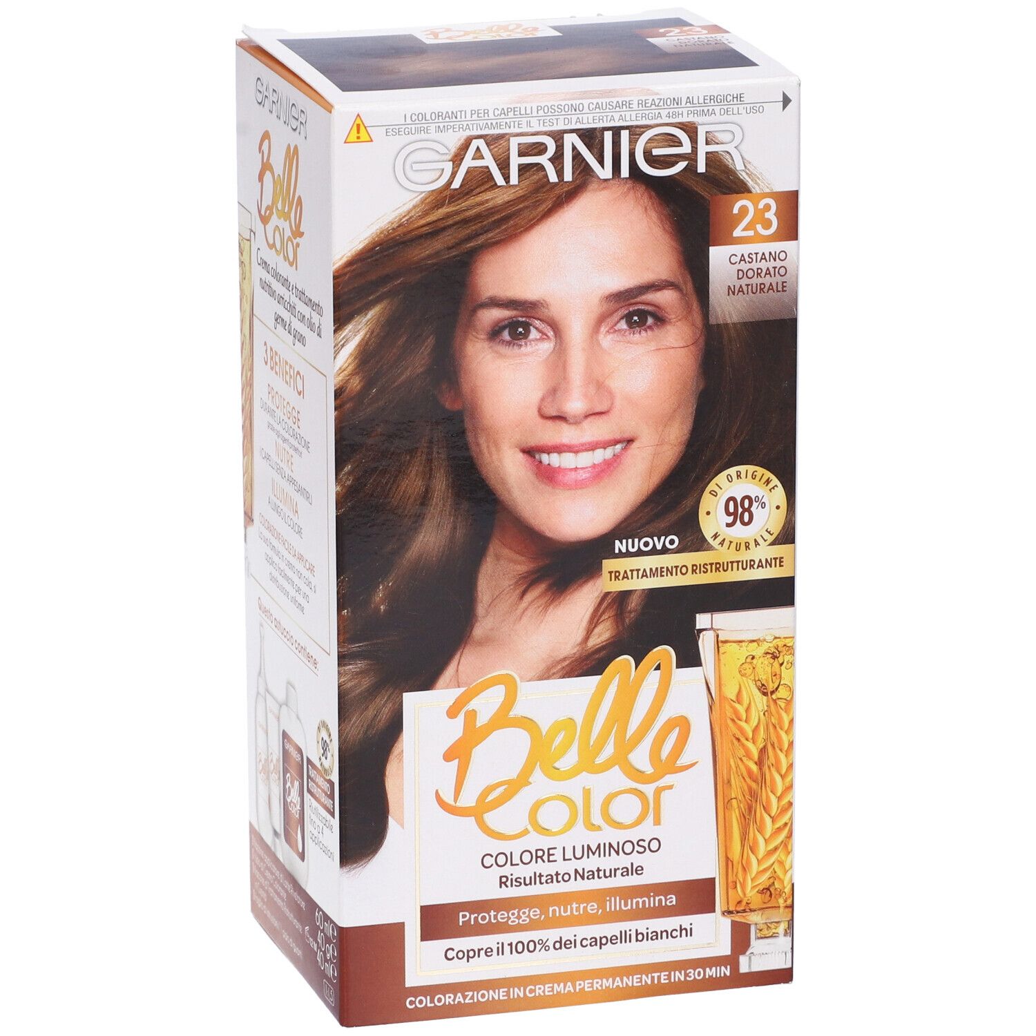 Colorazione Garnier Belle Color, tinta 23, Castano Dorato Naturale. Donna con capelli castani. 98% ingredienti naturali.