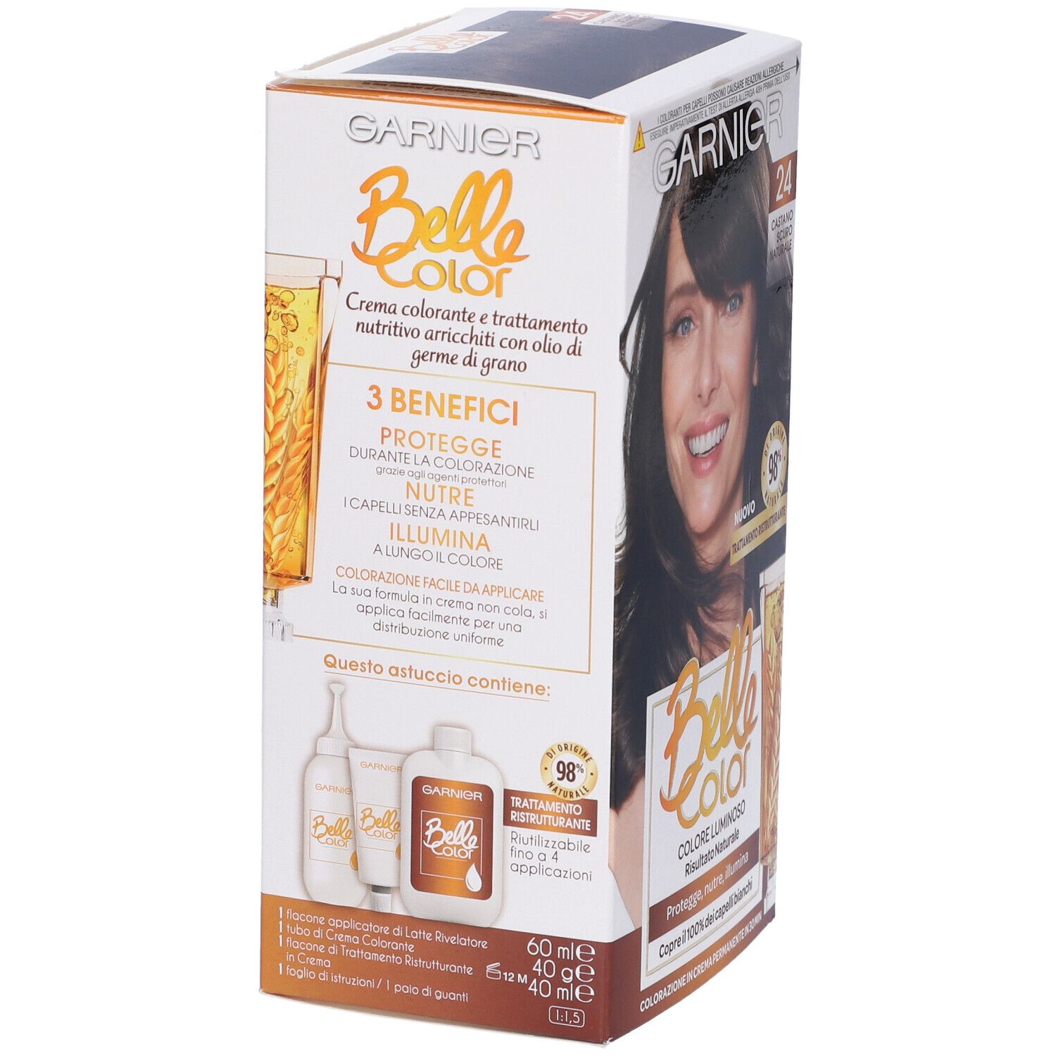 Confezione Garnier Belle Color. Contiene immagini del prodotto e ingredienti. 3 benefici.