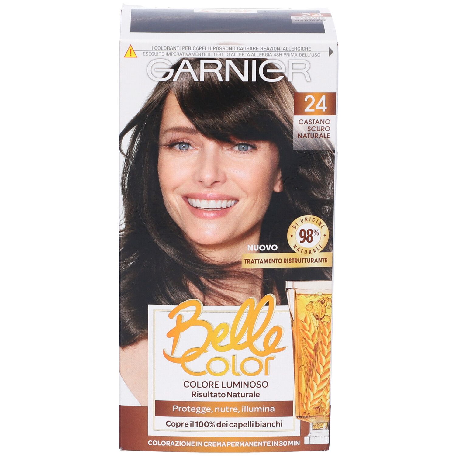 Confezione Garnier Belle Color, Castano Scuro Naturale. Immagine di donna con capelli castani.