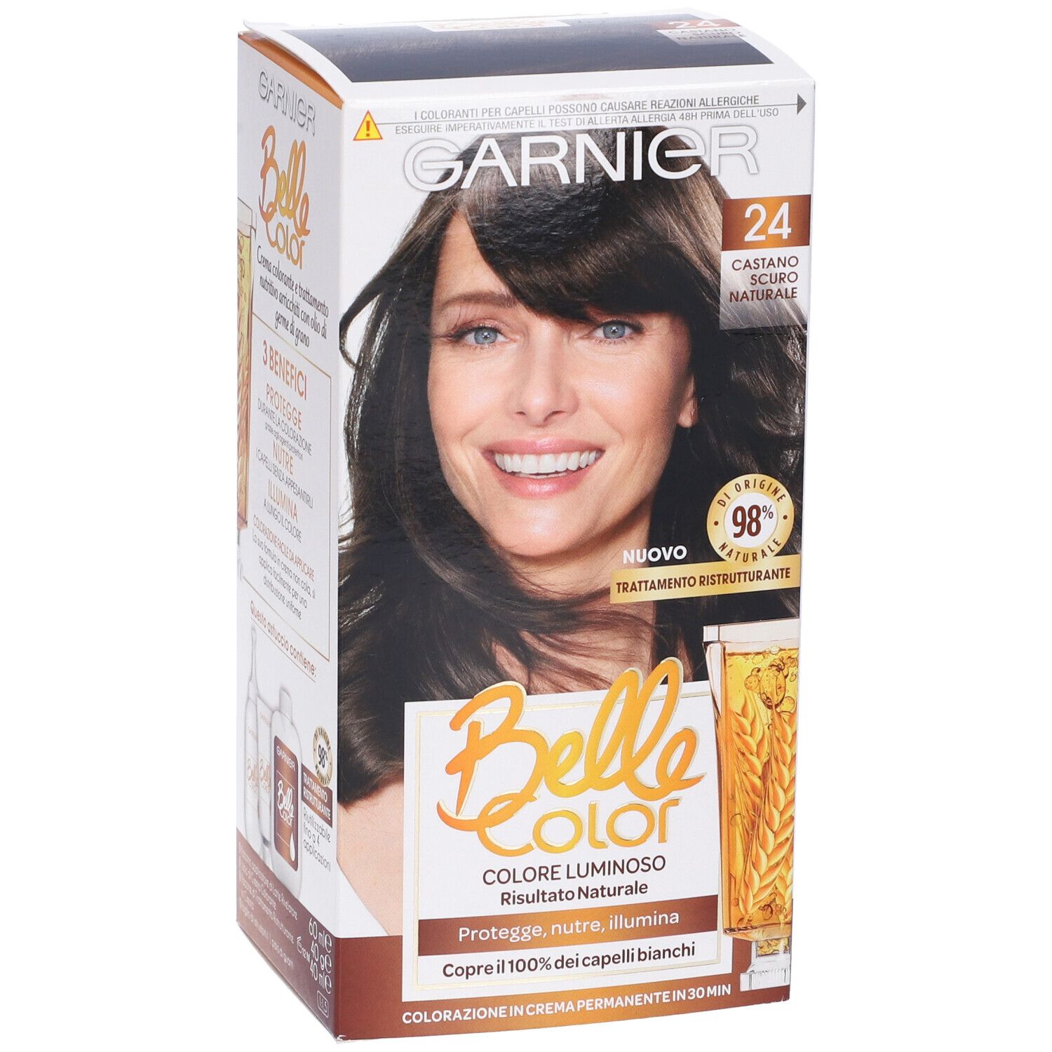Confezione Garnier Belle Color, Castano Scuro Naturale. Immagine di donna con capelli castani.