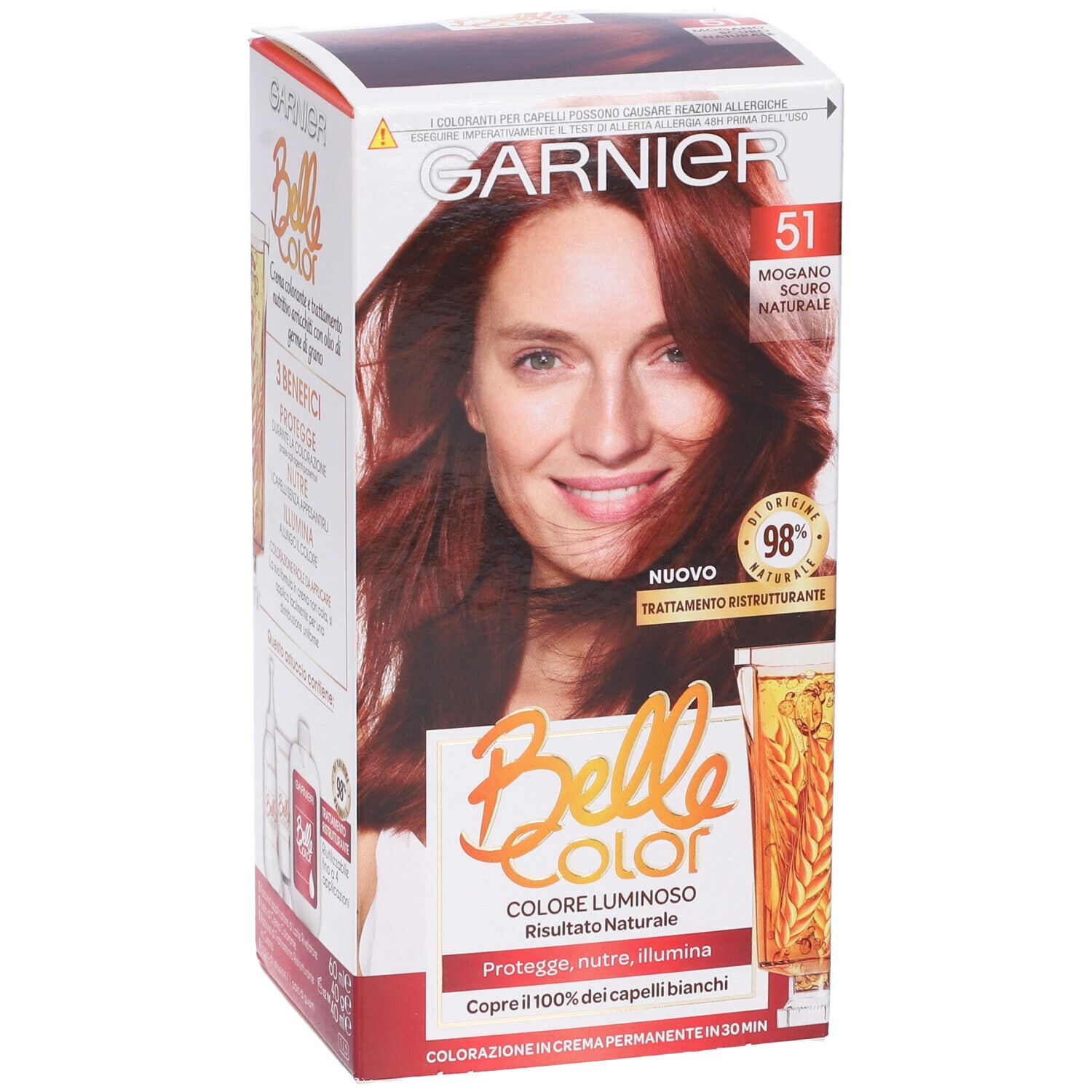 Confezione Garnier Belle Color. Donna con capelli rossi. Mogano Scuro Naturale. Copre il 100% dei capelli bianchi.