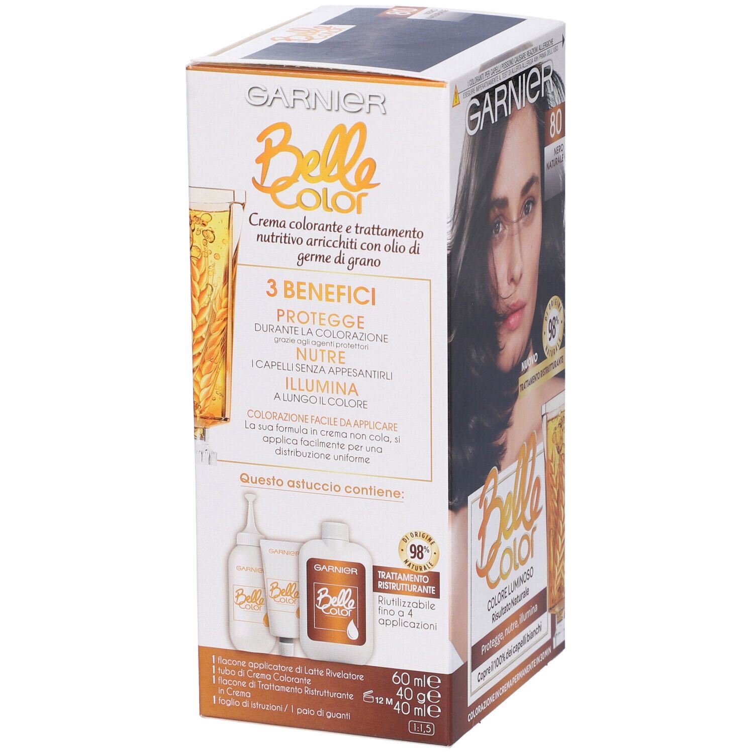Confezione Garnier Belle Color. Contiene crema, rivelatore, olio. 3 benefici: protegge, nutre, illumina. Testo.
