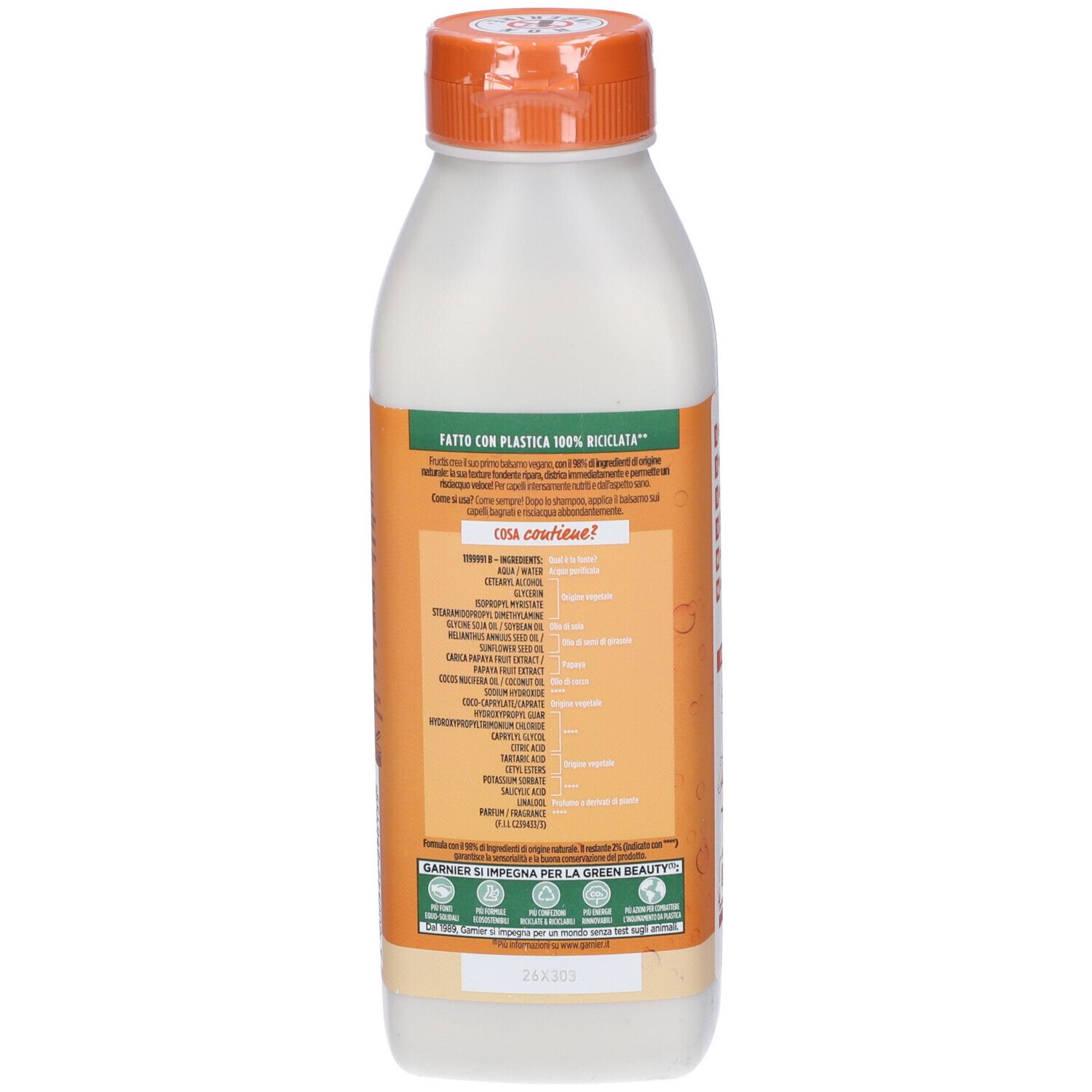 Retro della bottiglia Garnier Fructis Balsamo Hair Food Papaya. Testo su sfondo arancione. Elenco ingredienti e informazioni sulla produzione.