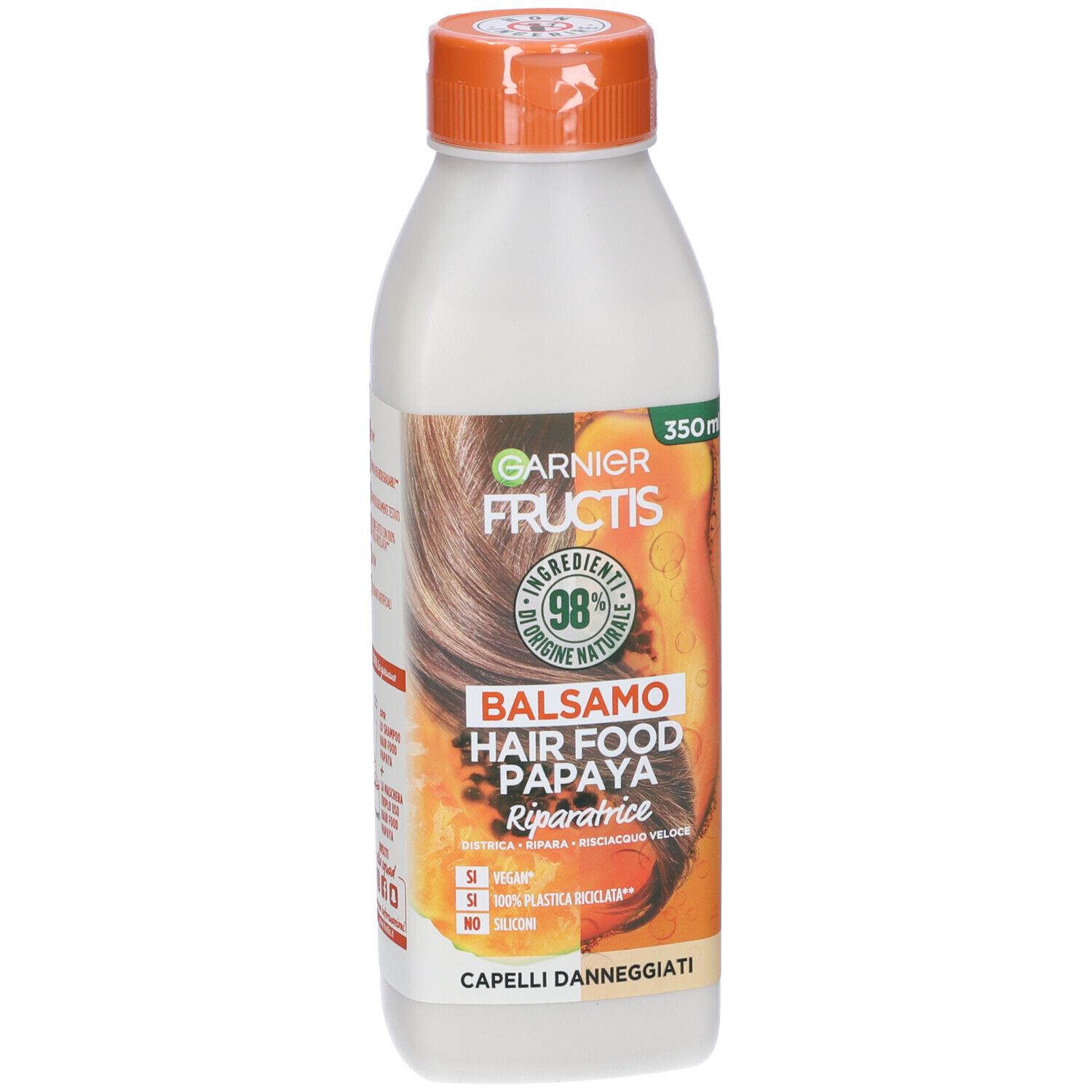 Bottiglia Garnier Fructis Balsamo Hair Food Papaya. Tappo arancione, contenitore bianco. Scritta: Balsamo Hair Food Papaya Riparatrice.