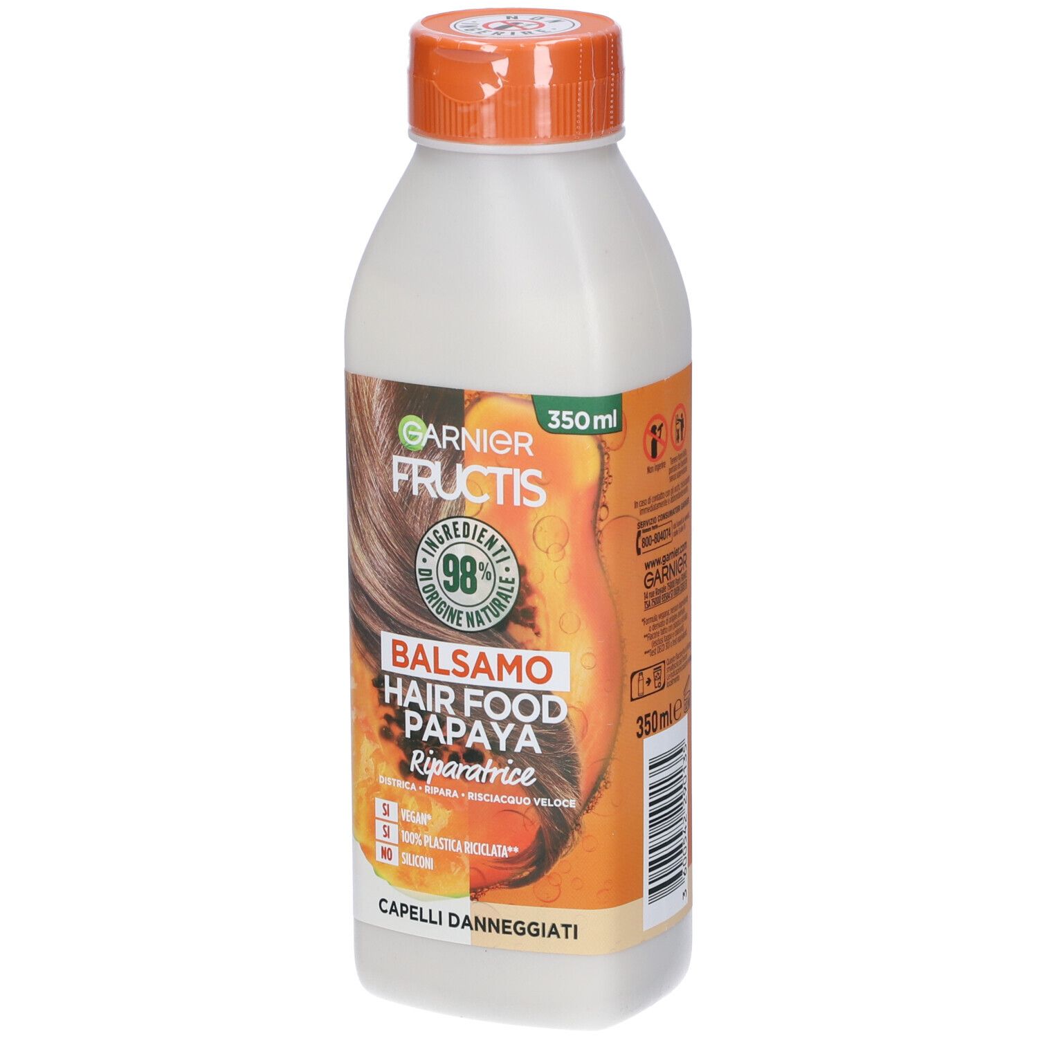 Bottiglia Garnier Fructis Balsamo Hair Food Papaya. Tappo arancione, contenitore bianco. Scritta: Balsamo Hair Food Papaya Riparatrice.