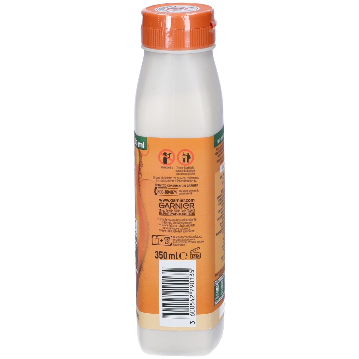 Retro della bottiglia Garnier Fructis Balsamo Hair Food Papaya. Codice a barre, testo e loghi. Volume: 350 ml.