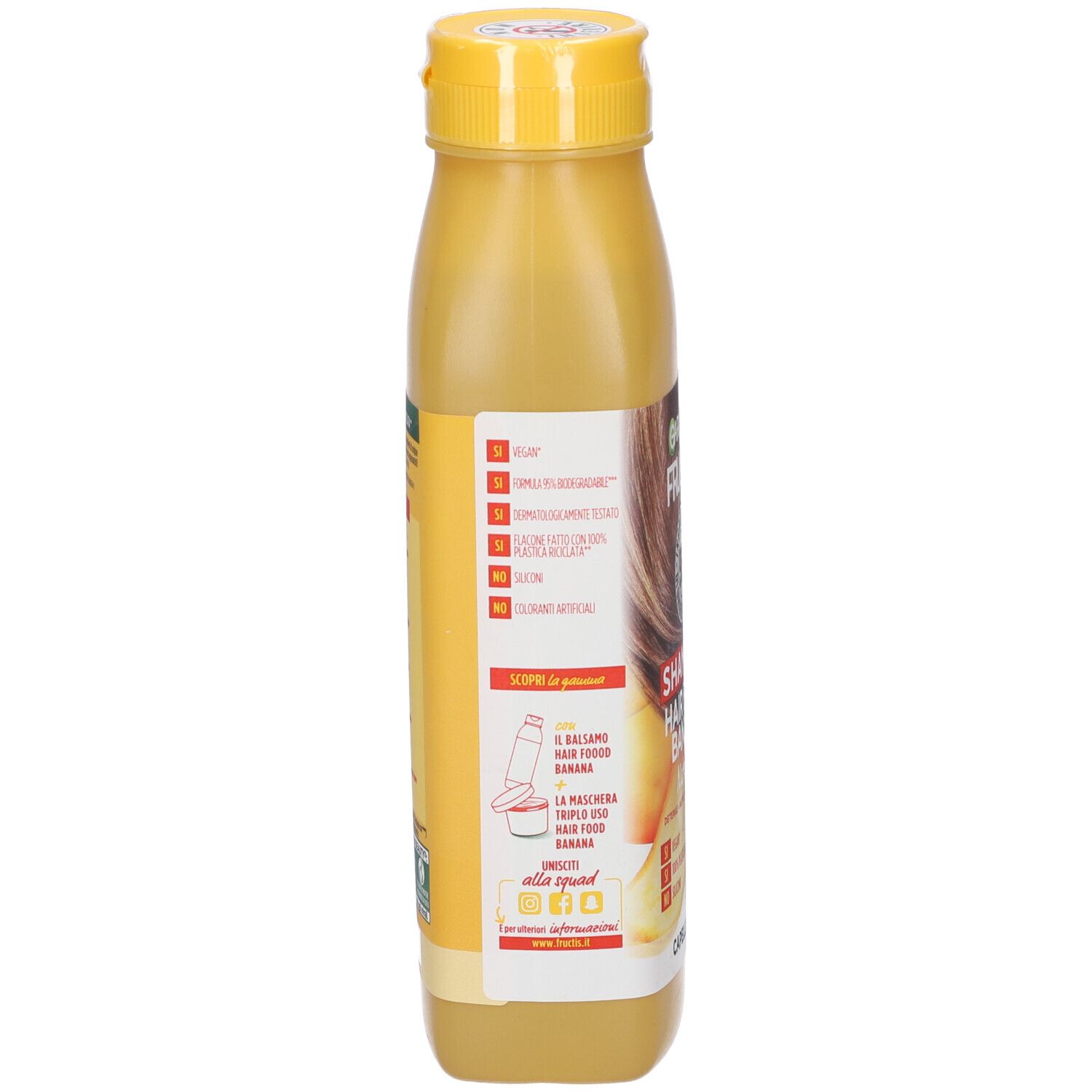Flacone di shampoo giallo, vista laterale. Scritta: Garnier Fructis. Informazioni sugli ingredienti e il riciclo.