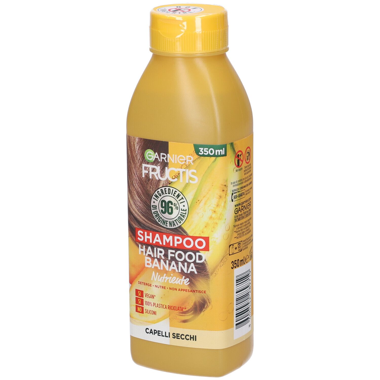 Flacone di shampoo giallo con tappo giallo. Scritta: Garnier Fructis Shampoo Hair Food Banana Secchi. 350ml.
