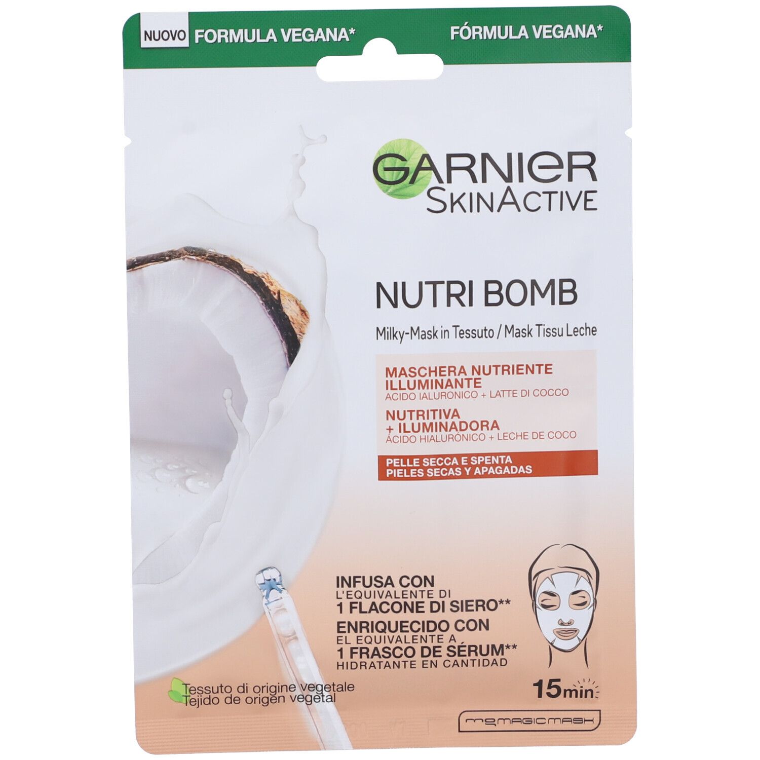 Garnier Maschera Viso in Tessuto Nutriente Illuminante NutriBomb con Latte di Cocco e Acido Ialuronico