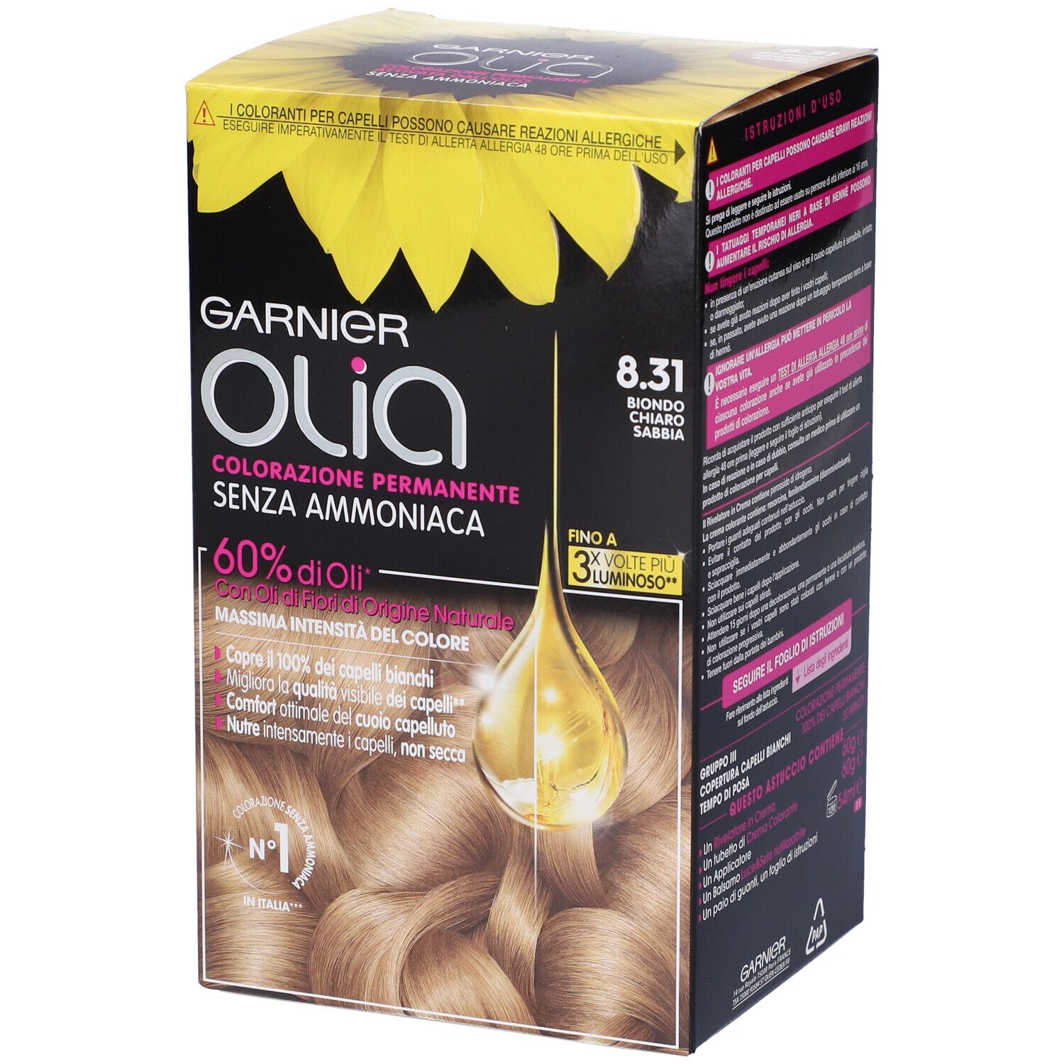 Confezione Garnier Olia, tinta per capelli. Biondo Chiaro Sabbia (8.31). Contiene il 60% di oli. Immagine e testo del prodotto.