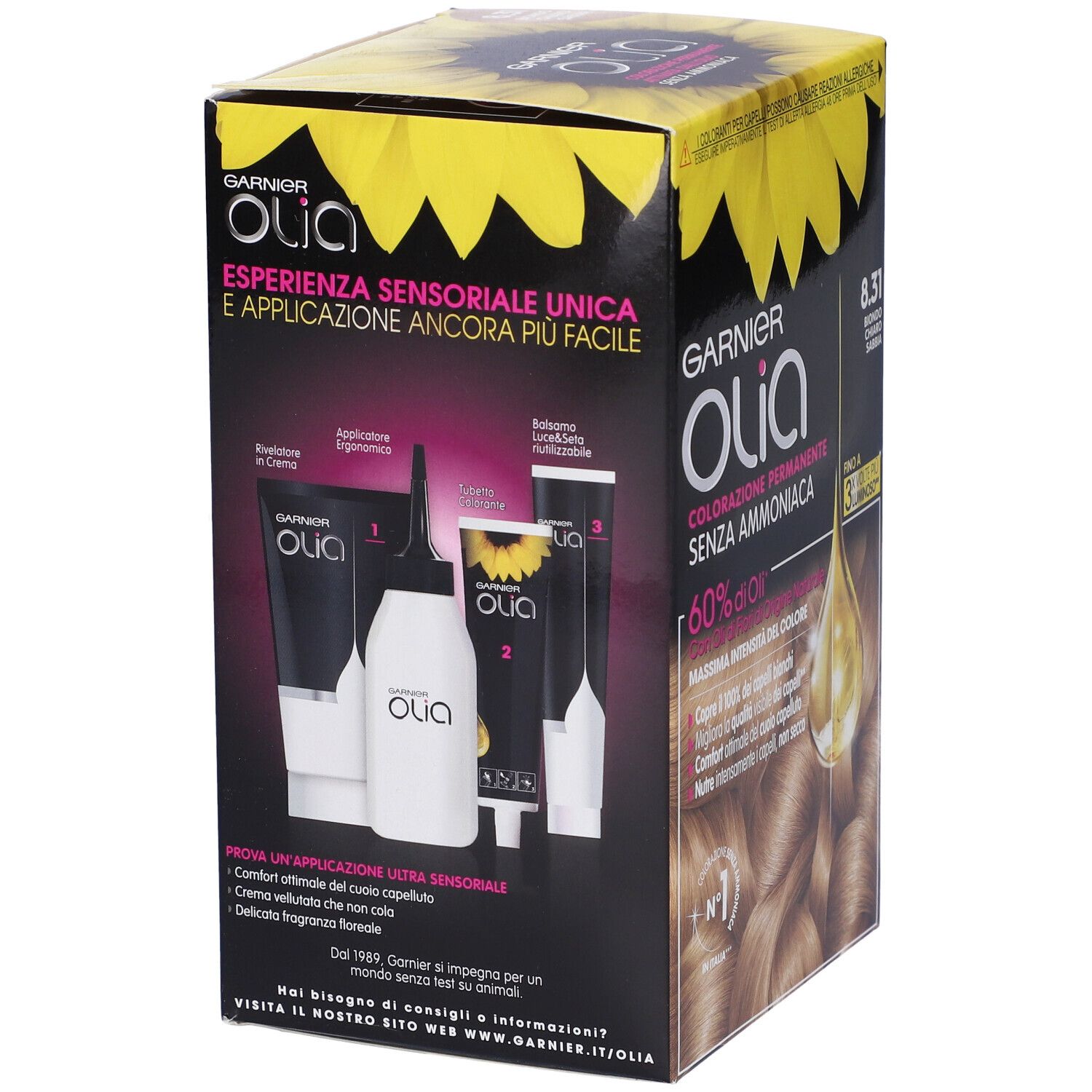Confezione Garnier Olia, retro con immagini e testo. Contiene applicatore e crema.