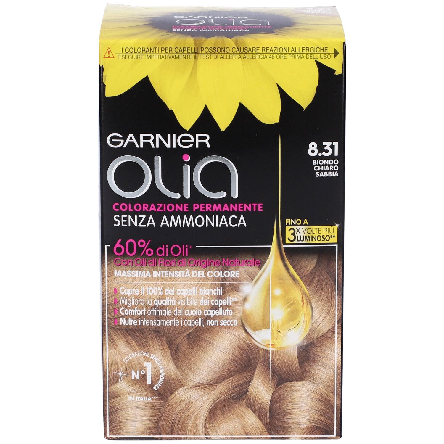 Confezione Garnier Olia, tinta per capelli. Biondo Chiaro Sabbia (8.31). Contiene il 60% di oli. Immagine e testo del prodotto.