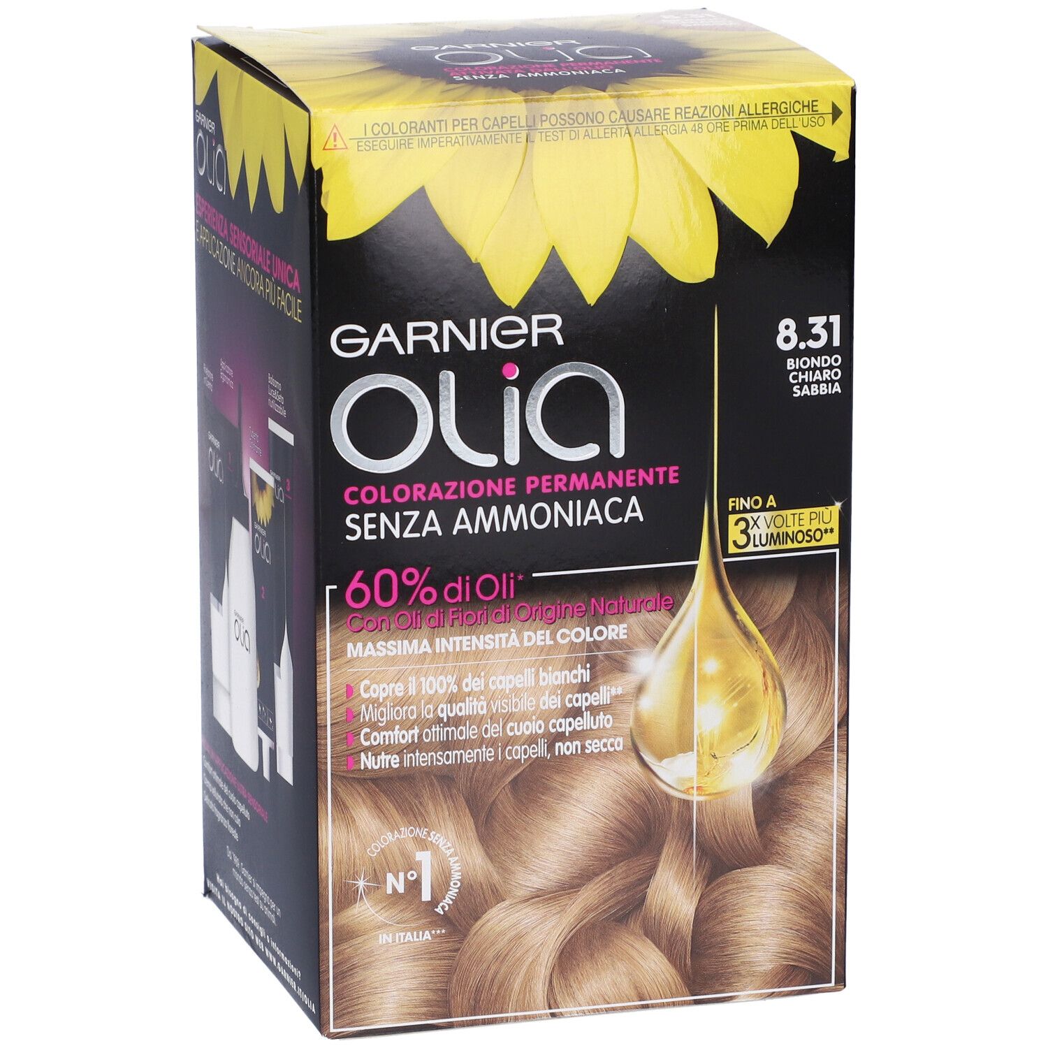Confezione Garnier Olia, tinta per capelli. Biondo Chiaro Sabbia (8.31). Contiene il 60% di oli. Immagine e testo del prodotto.