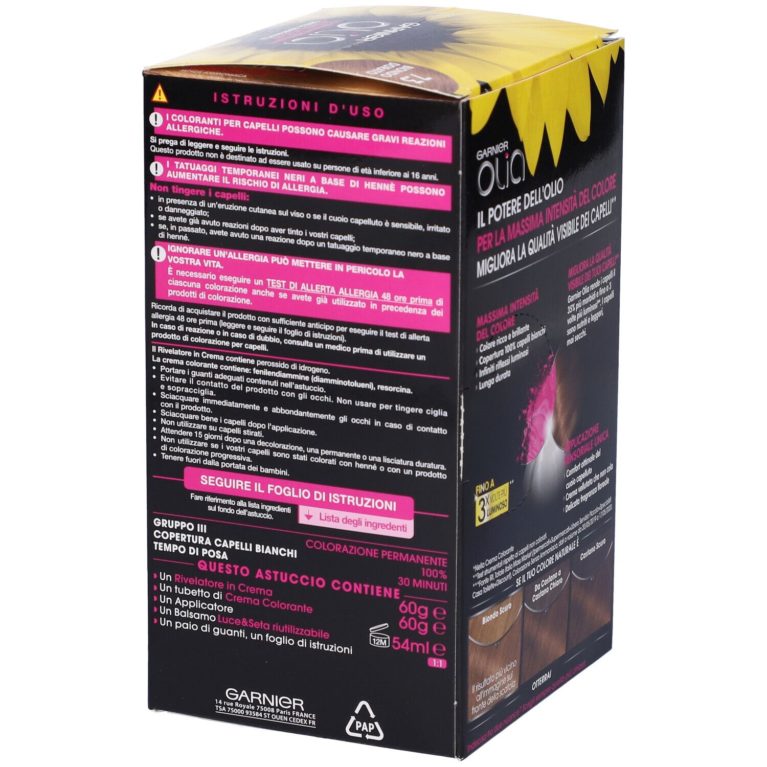 Confezione di tinta per capelli Garnier Olia. Testo e immagini del prodotto. Retro con istruzioni per l'uso e ingredienti.
