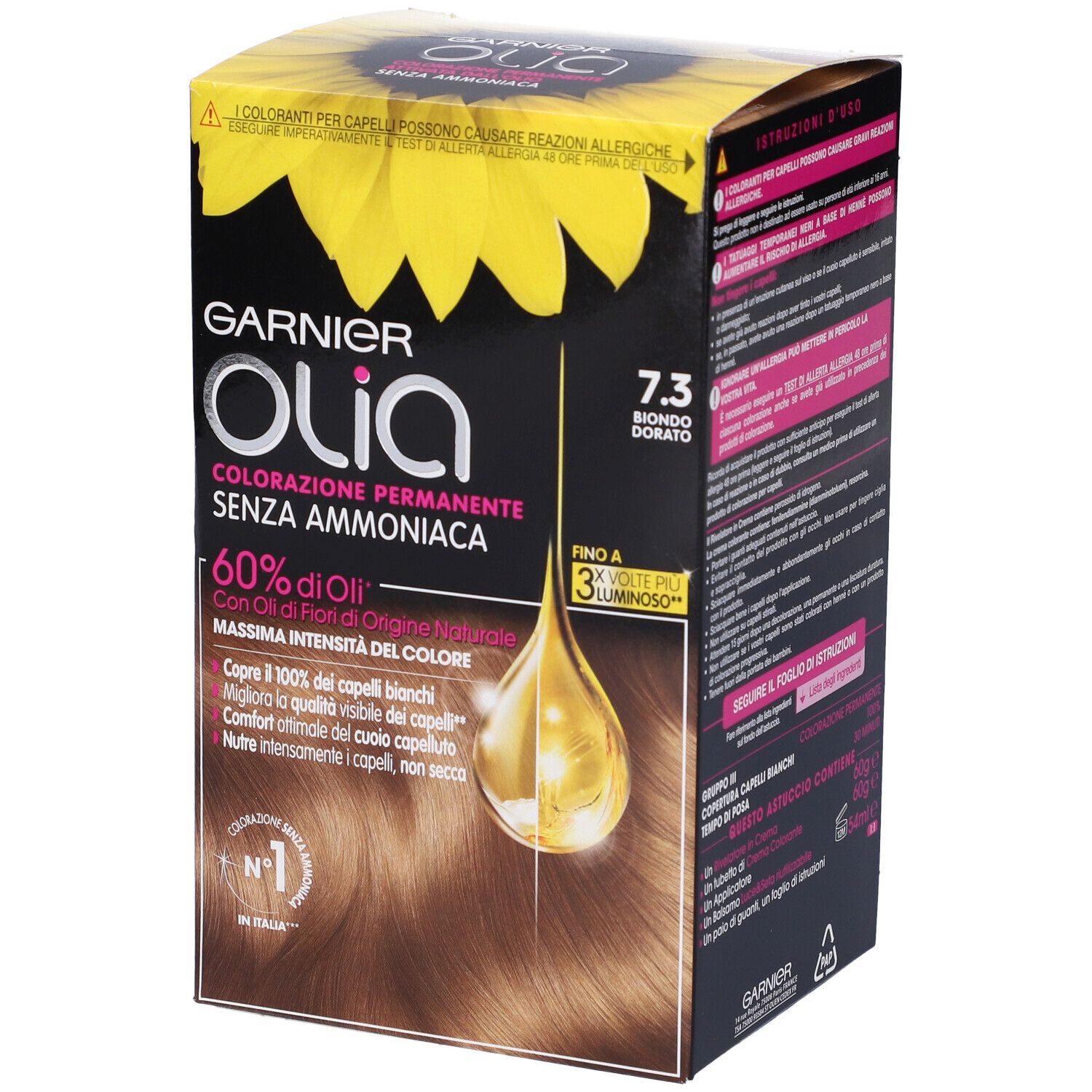 Confezione di tinta per capelli Garnier Olia, 7.3 Biondo Dorato. Fronte con nome del prodotto, colore e informazioni.