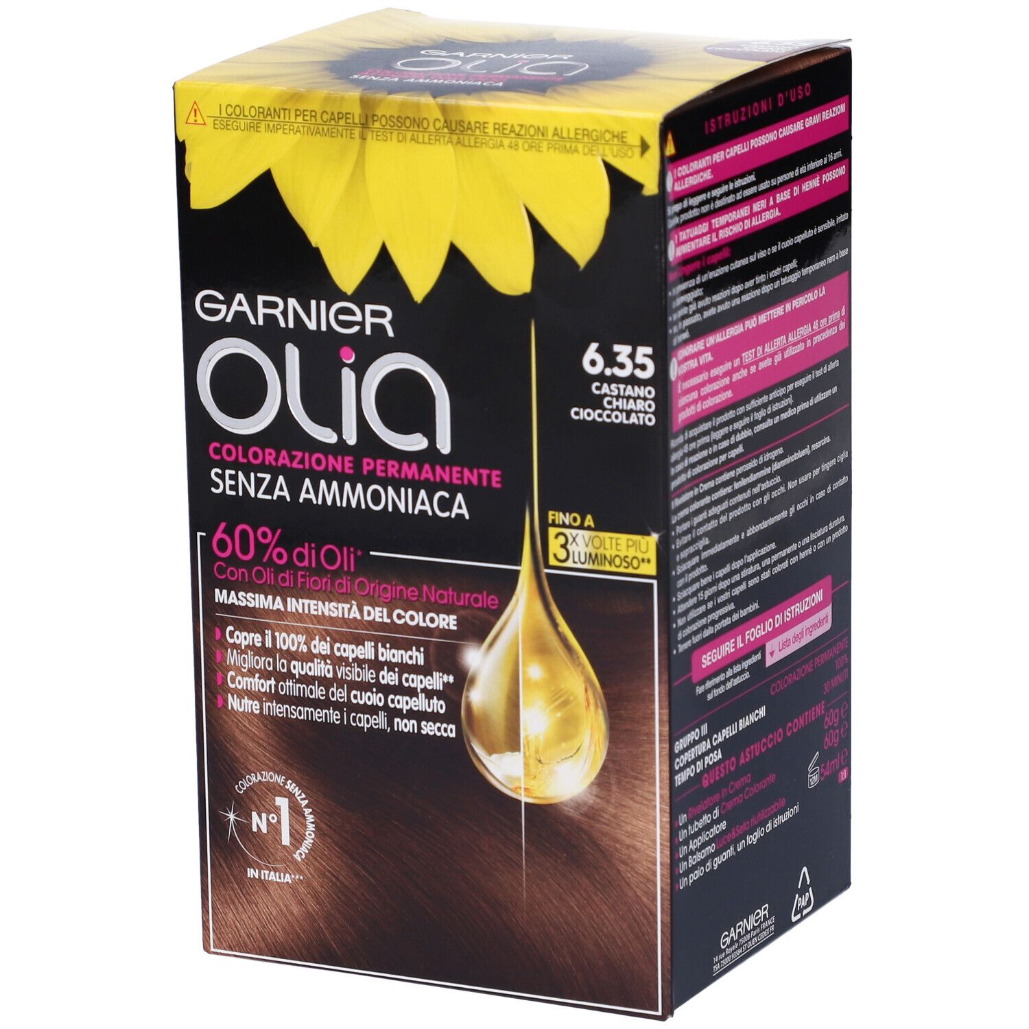 Garnier Olia 6.35 Castano Chiaro Cioccolato. Confezione con dettagli prodotto e design girasole. Senza ammoniaca.