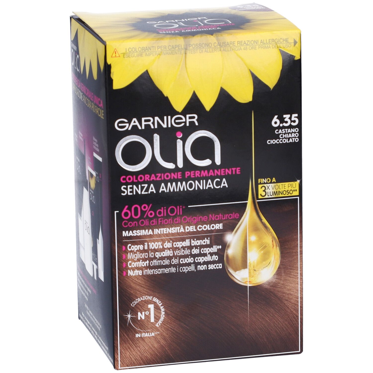 Garnier Olia 6.35 Castano Chiaro Cioccolato. Confezione con dettagli prodotto e design girasole. Senza ammoniaca.