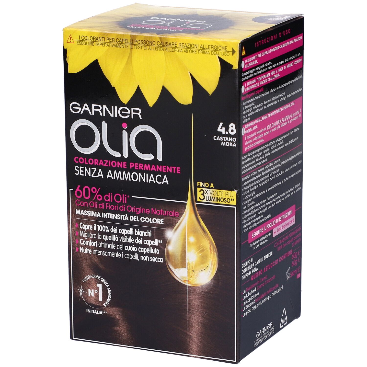 Garnier Olia, colorazione permanente 4.8 Castano Moka. Confezione con dettagli prodotto e design girasole.
