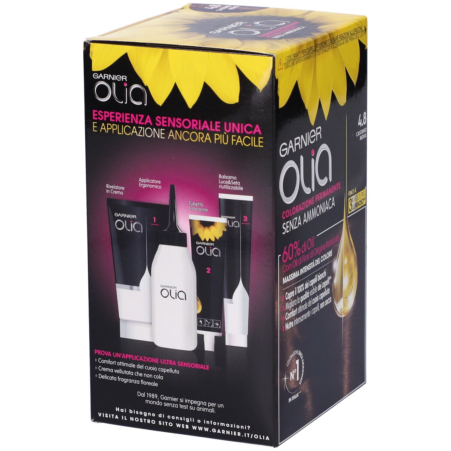 Confezione Garnier Olia con tubi e applicatore. Dettagli prodotto e design.