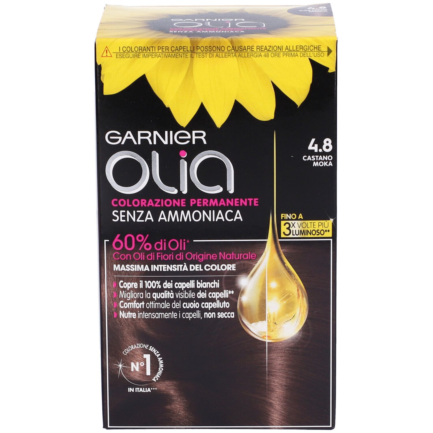 Garnier Olia, colorazione permanente 4.8 Castano Moka. Confezione con dettagli prodotto e design girasole.