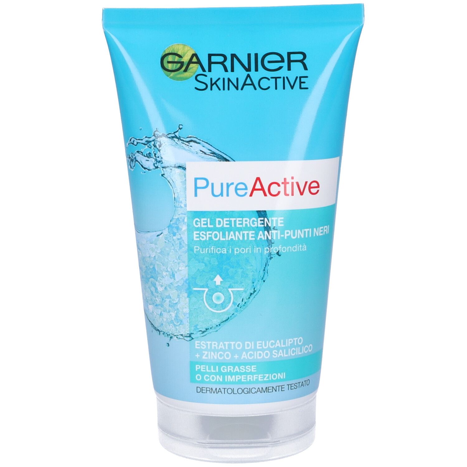 Tubo blu Garnier SkinActive Pure Active. Nome del prodotto e ingredienti. Effetto acqua.
