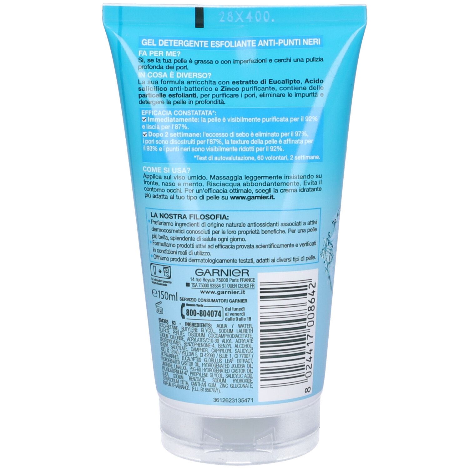 Retro del tubo Garnier SkinActive Pure Active. Testo con informazioni sul prodotto e ingredienti.