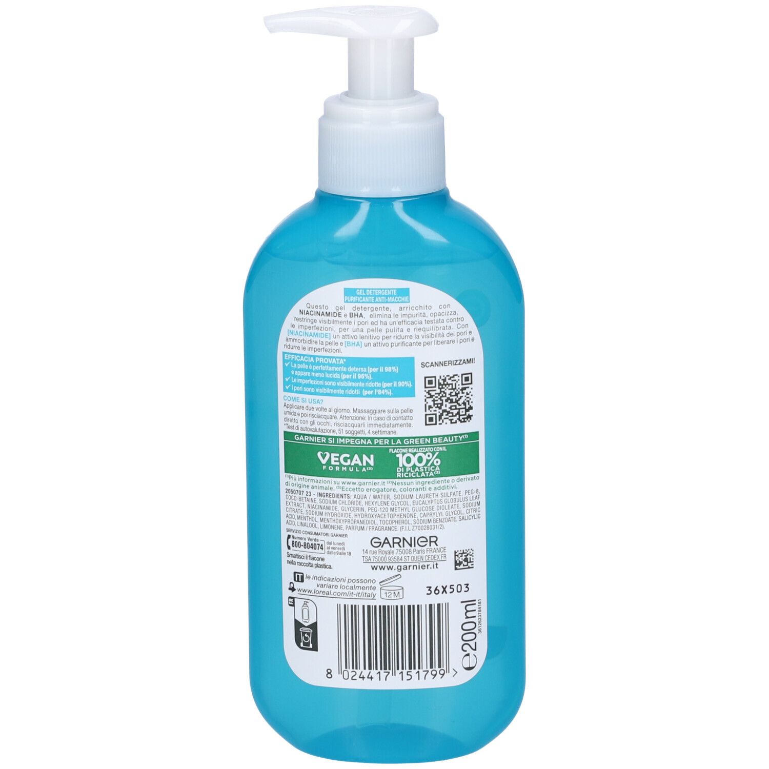 Retro del flacone blu. Testo: Garnier, Vegan Formula, plastica 100% riciclata.