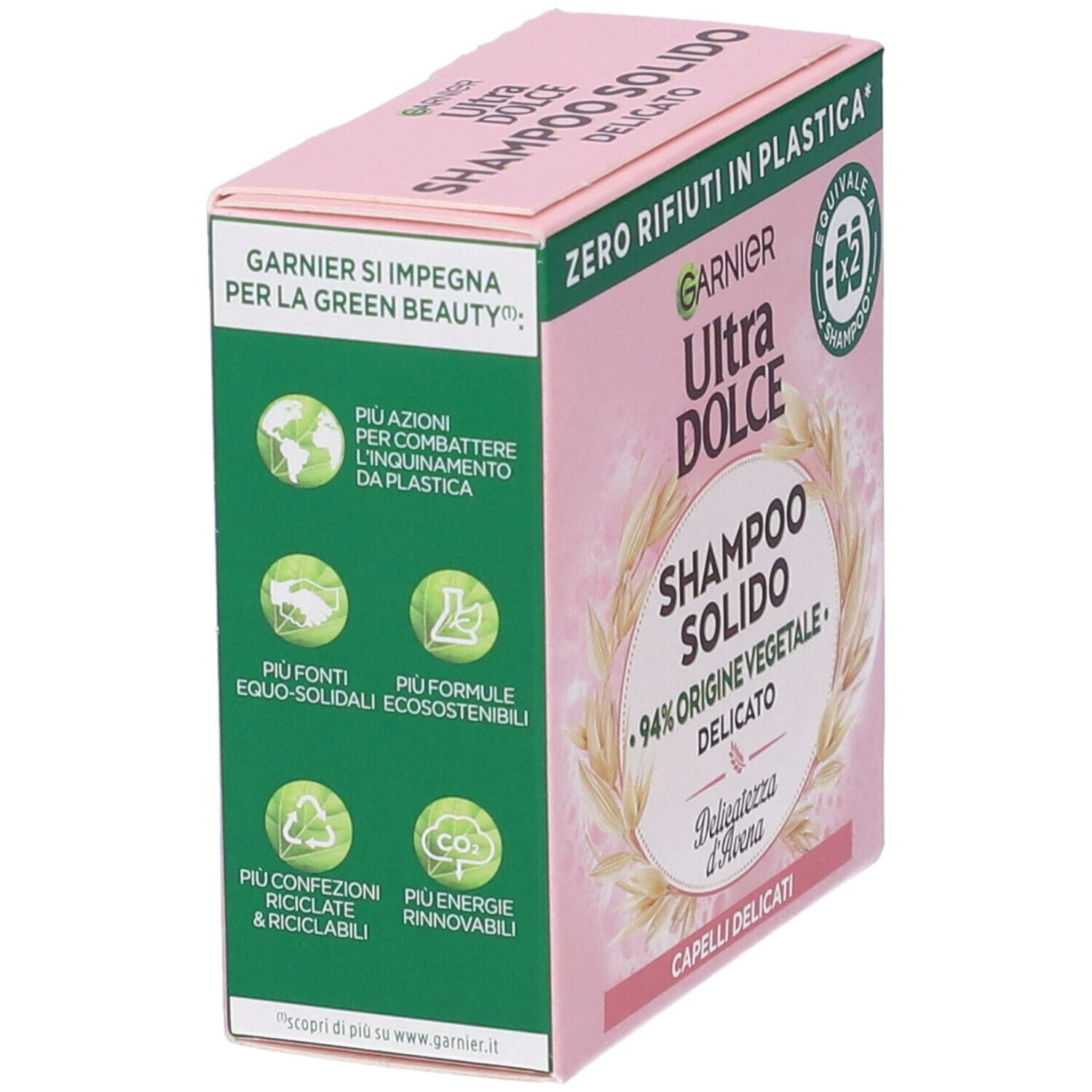 Confezione rosa di shampoo solido Garnier Ultra Dolce. Testo: Zero rifiuti in plastica, Garnier si impegna per la Green Beauty.