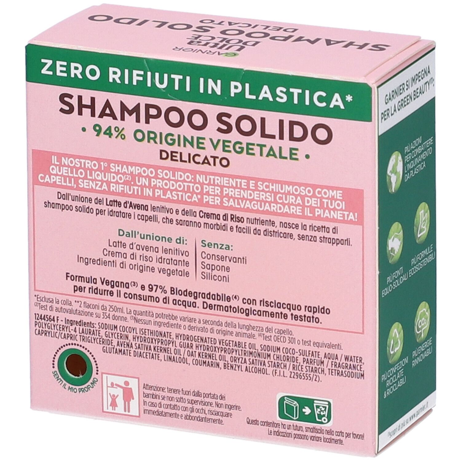 Confezione rosa di shampoo solido Garnier Ultra Dolce. Testo: Zero rifiuti in plastica, 94% origine vegetale, Formula Vegan.