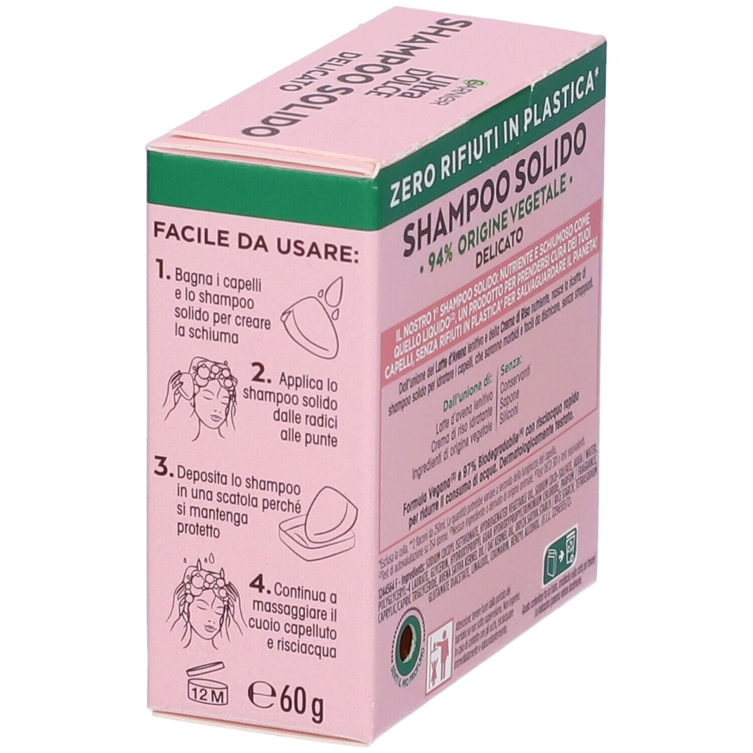 Confezione rosa di shampoo solido Garnier Ultra Dolce. Testo: Zero rifiuti in plastica, 94% origine vegetale, Istruzioni per l'uso.