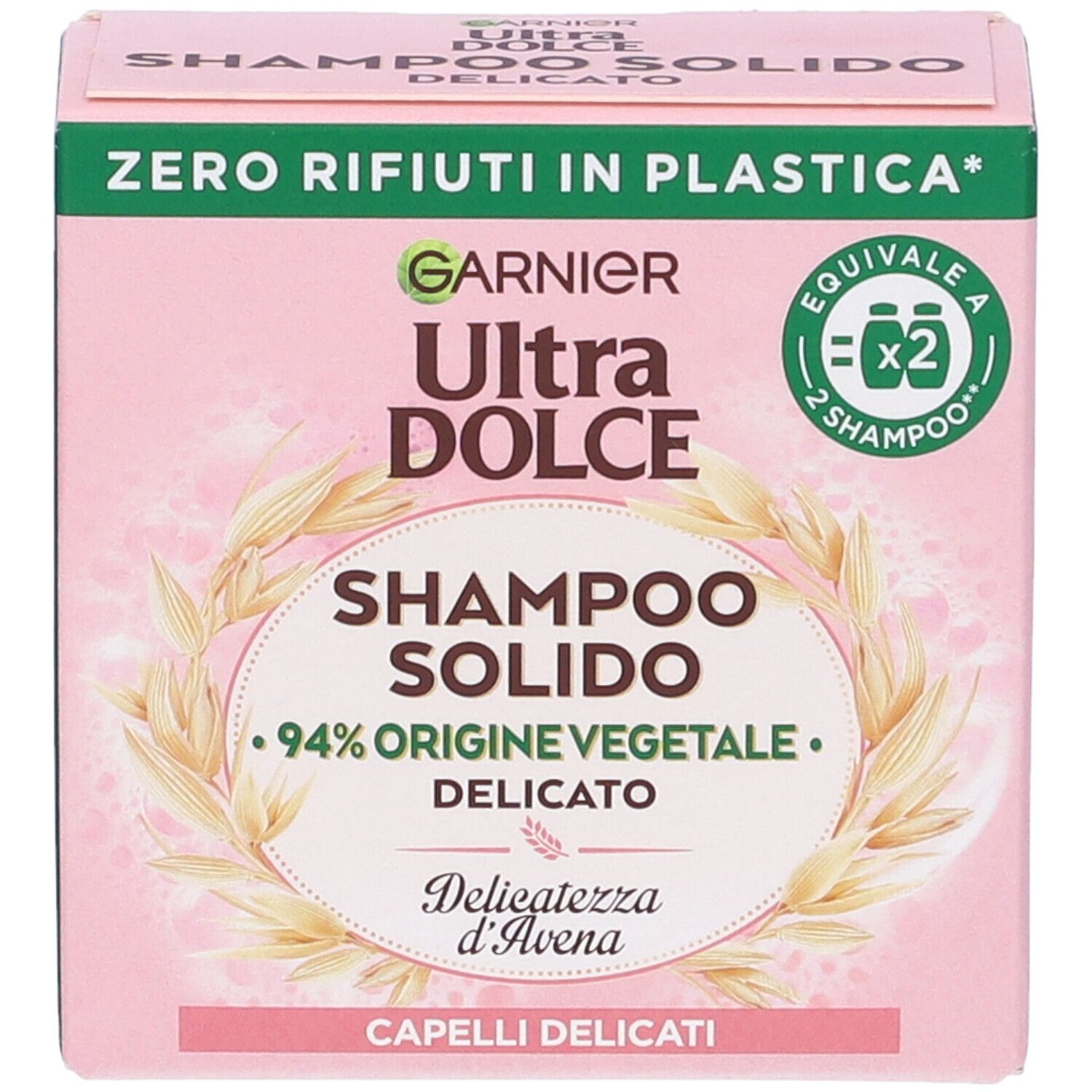 Confezione rosa di shampoo solido Garnier Ultra Dolce. Testo: Zero rifiuti in plastica, 94% origine vegetale, Delicatezza d'Avena.