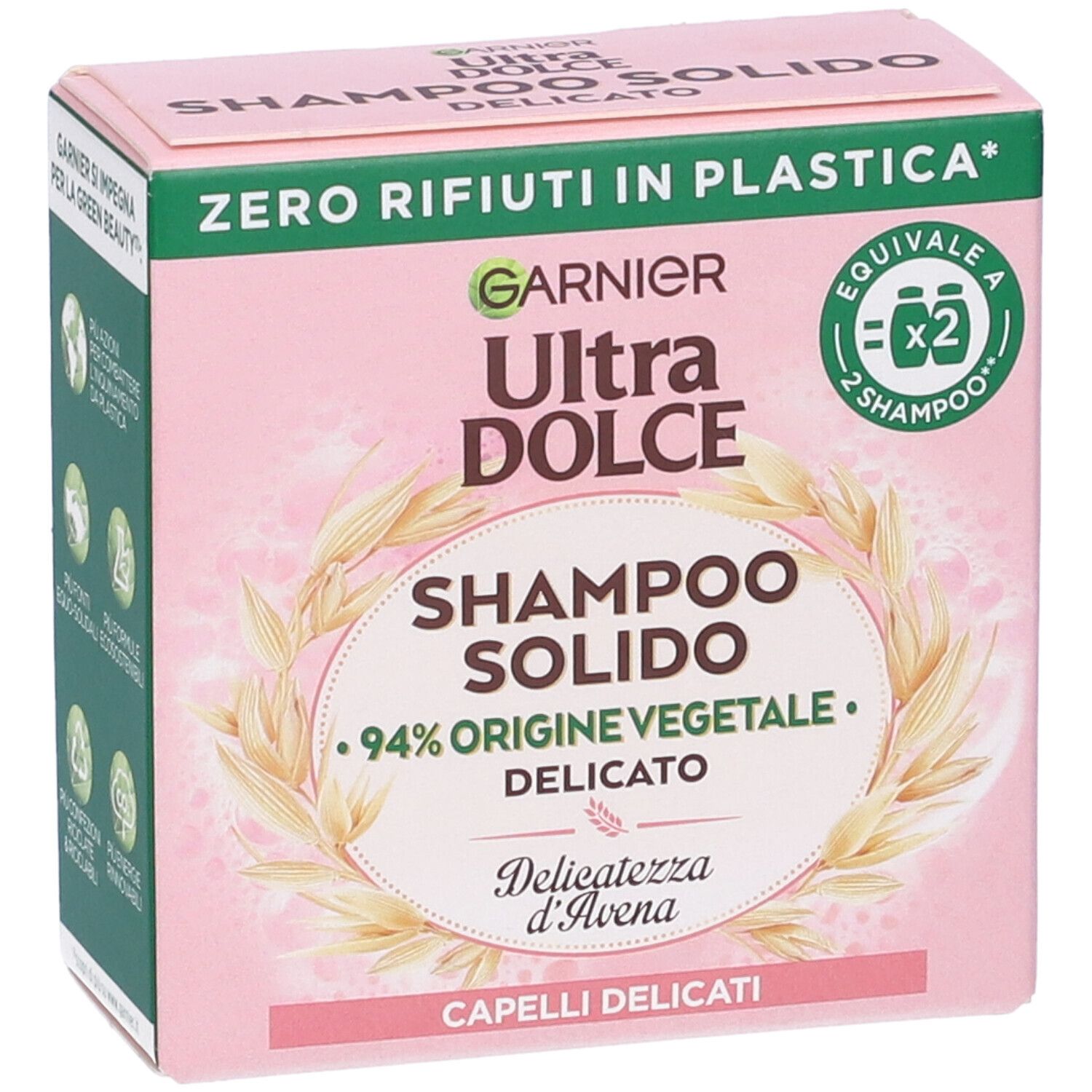 Confezione rosa di shampoo solido Garnier Ultra Dolce. Testo: Zero rifiuti in plastica, 94% origine vegetale, Delicatezza d'Avena.