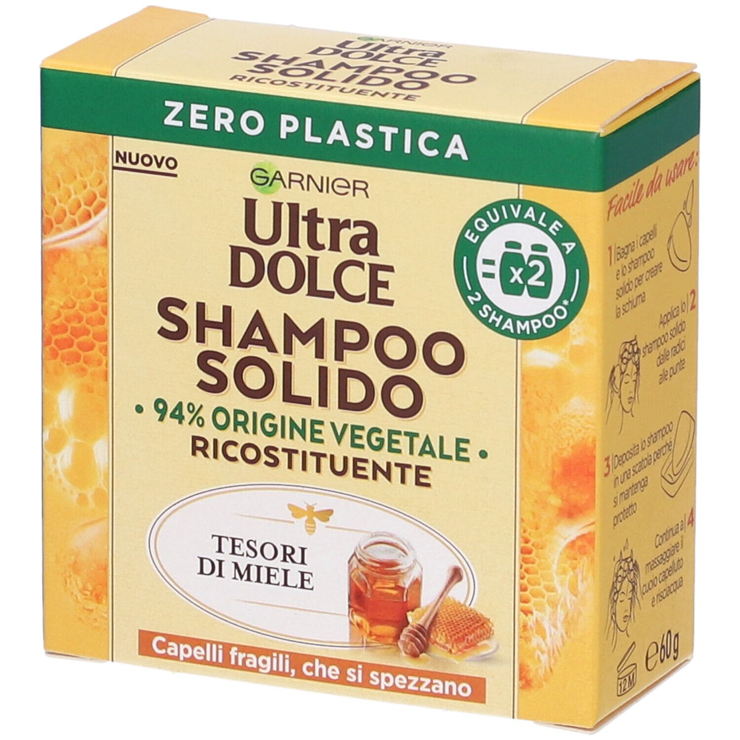 Image of Garnier Ultra Dolce Shampoo Solido Tesori di Miele, Per Capelli Fragili che si Spezzano, Con packaging 100% ecologico plastic-free, 60 gr