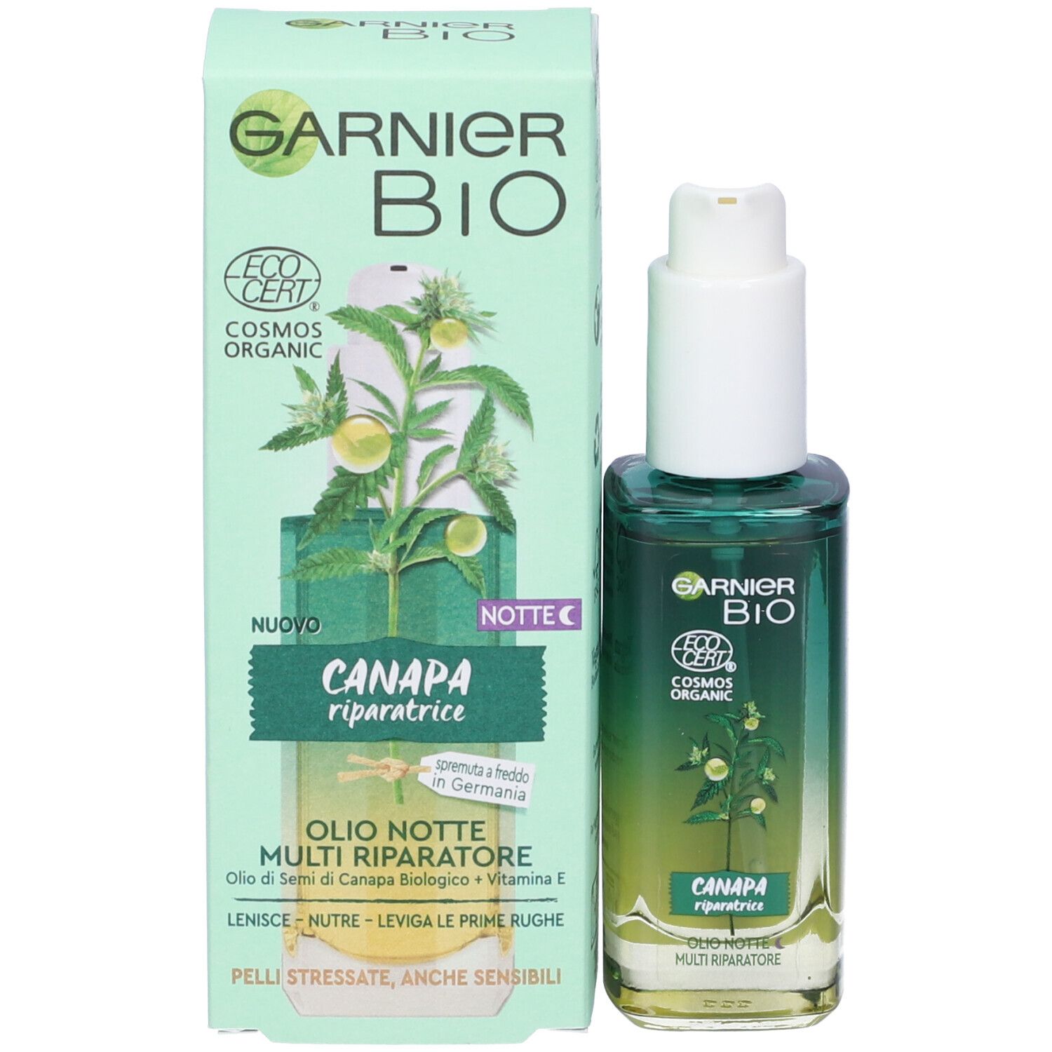 Flacone e confezione. Confezione verde con Garnier Bio, Canapa e informazioni prodotto. Certificazioni.