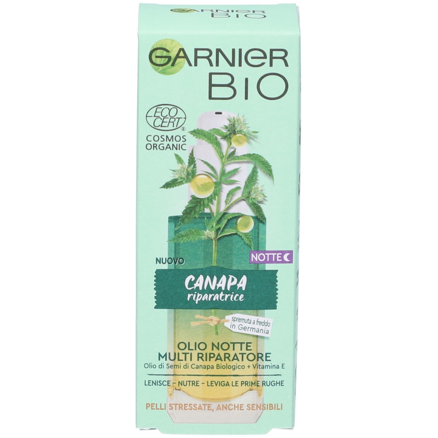 Confezione verde con Garnier Bio, Canapa e informazioni prodotto. Certificazioni e testo 'Nuovo'.
