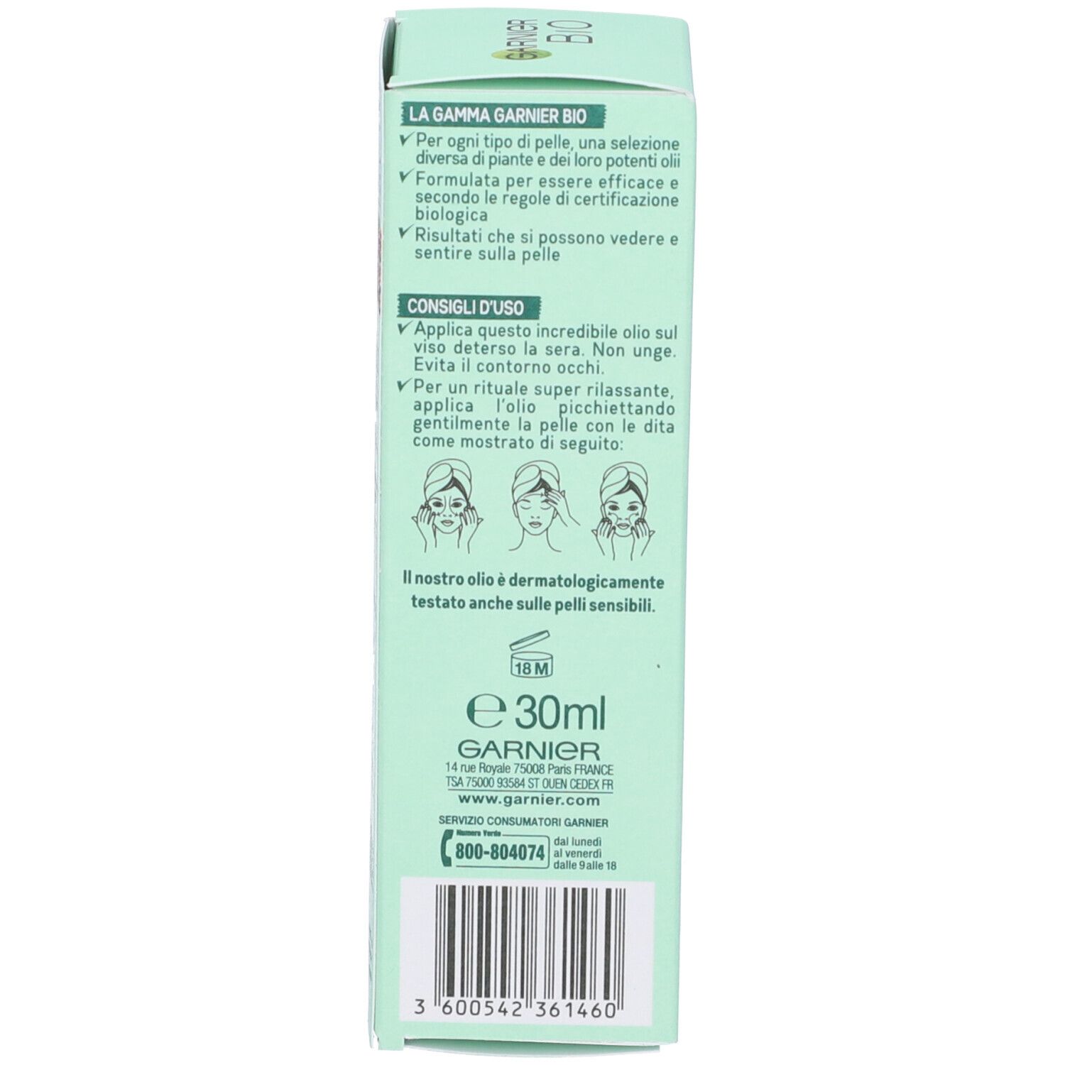 Retro della confezione. Sezioni di testo su uso, ingredienti e informazioni produttore. 30ml.