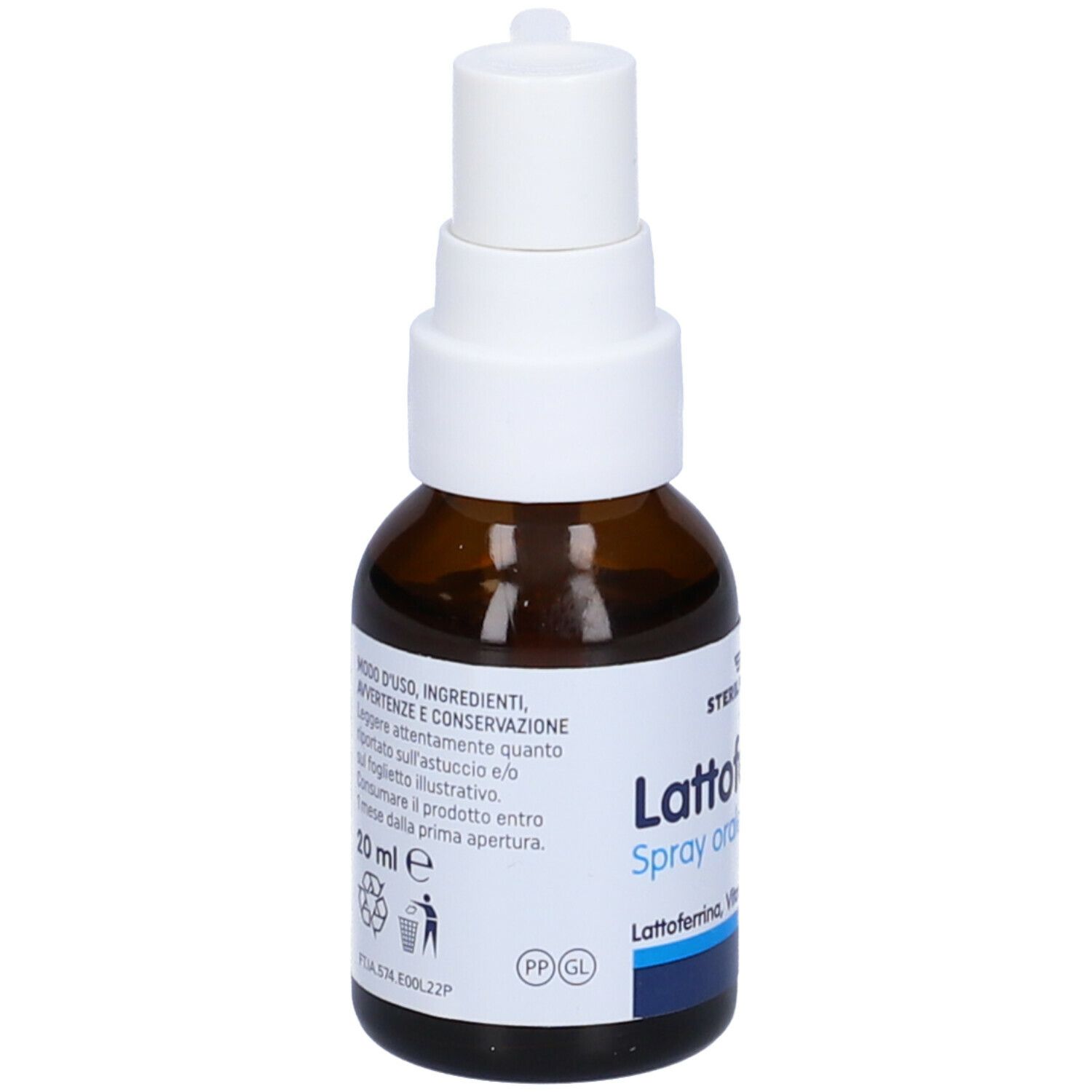 Flacone di vetro marrone con erogatore bianco. Scritta: Lattoferrina Spray orale. Volume: 20 ml.