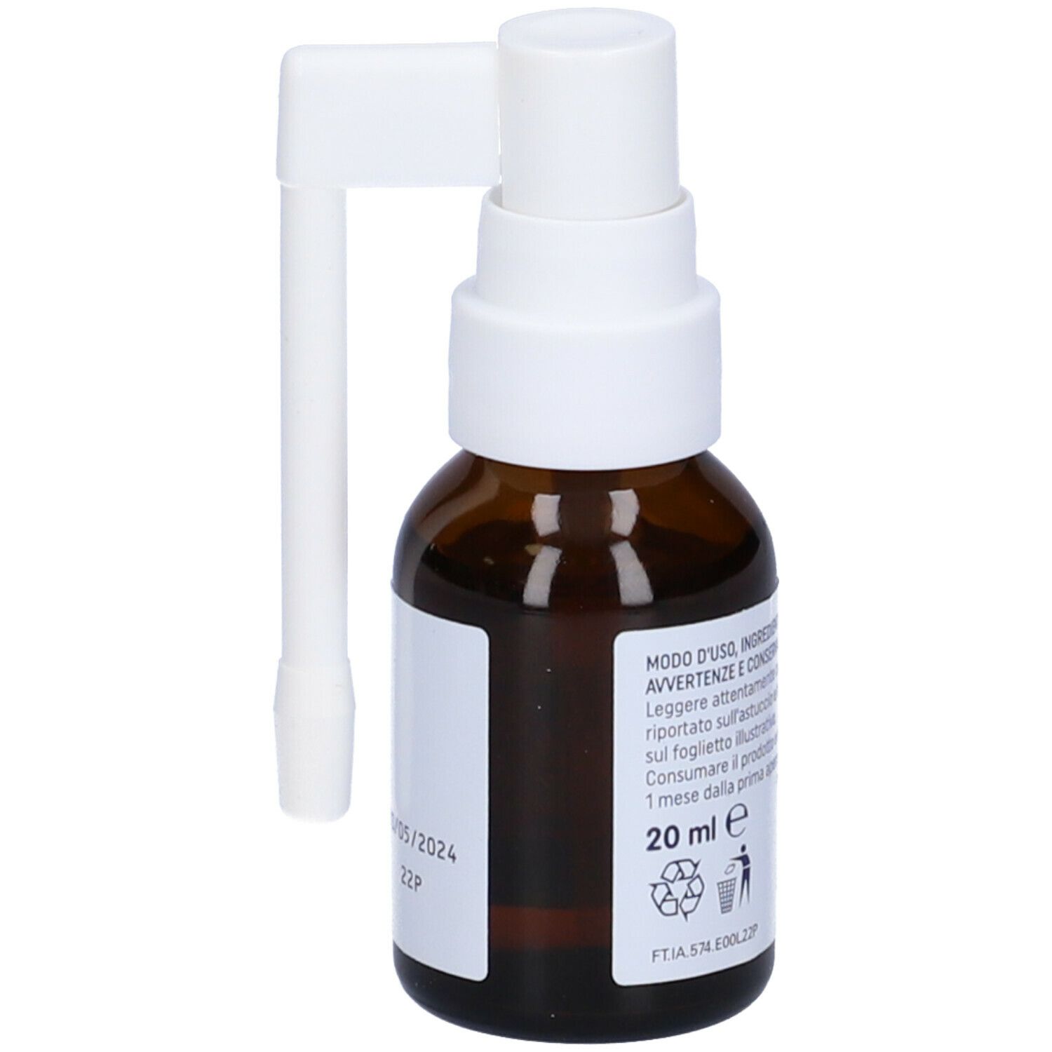 Flacone di vetro marrone con erogatore e applicatore bianchi. Scritta: Lattoferrina Spray orale. Volume: 20 ml.