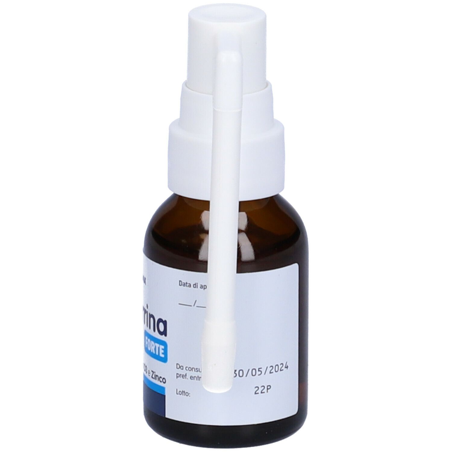 Flacone di vetro marrone con erogatore e applicatore bianchi. Scritta: Lattoferrina Spray orale. Volume: 20 ml.