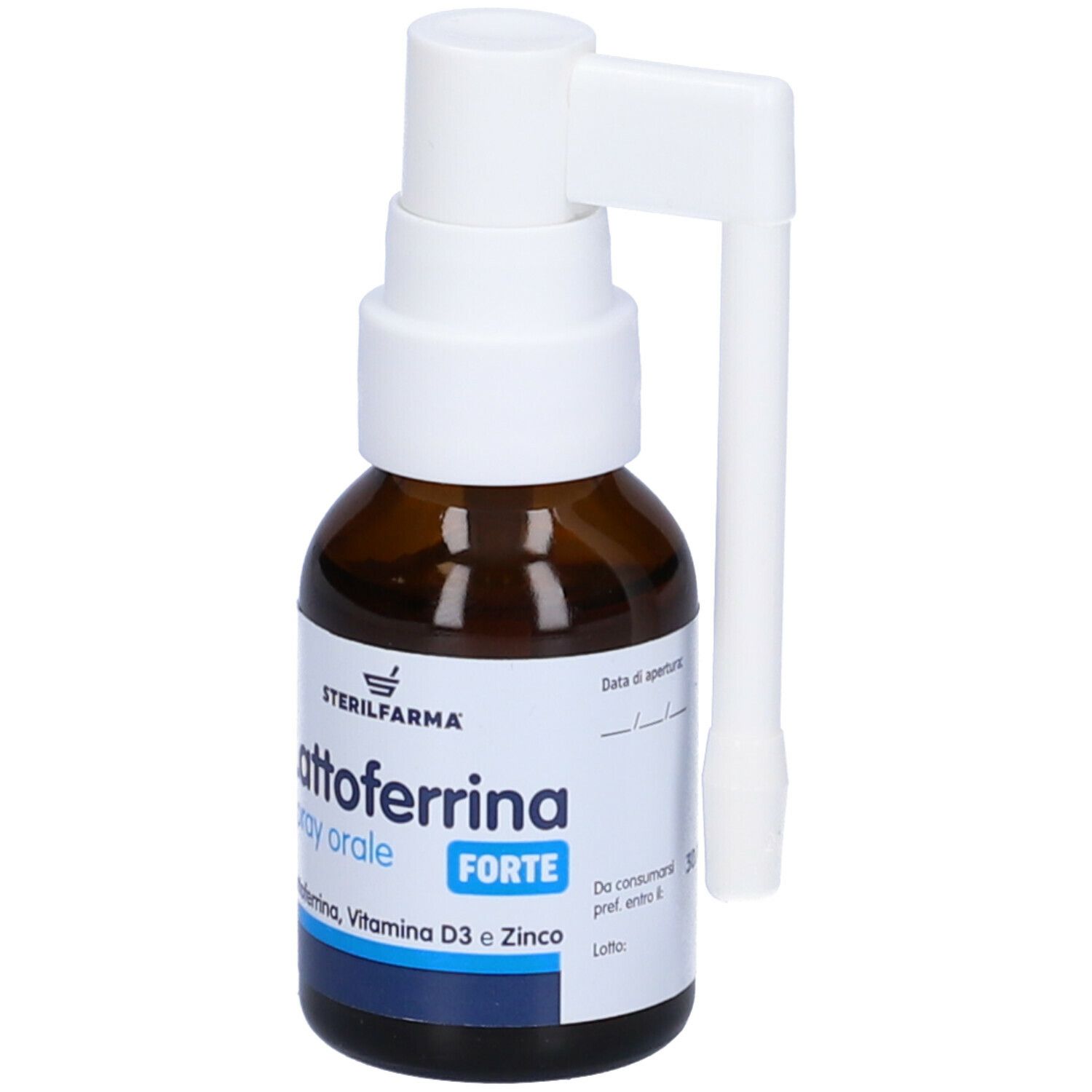 Flacone di vetro marrone con erogatore e applicatore bianchi. Scritta: Lattoferrina Spray orale FORTE.