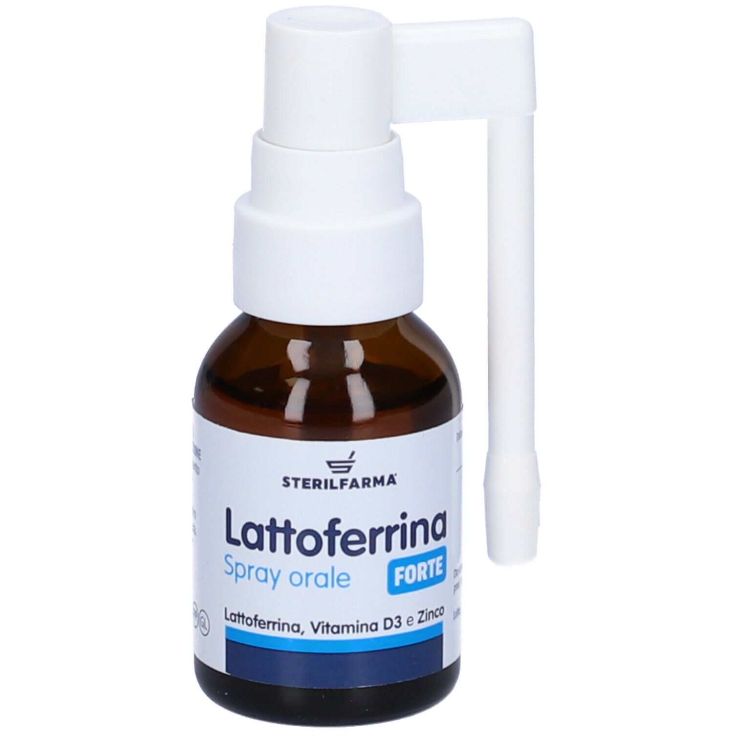 Flacone di vetro marrone con erogatore e applicatore bianchi. Scritta: Lattoferrina Spray orale FORTE.