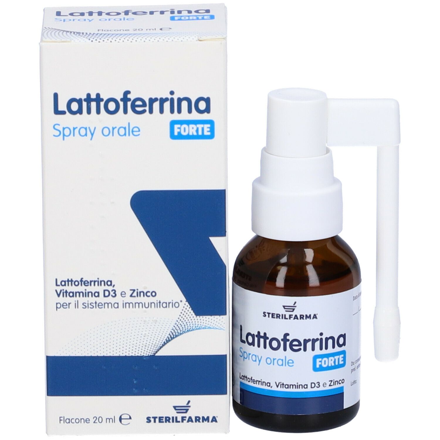 Confezione e flacone. Confezione: Lattoferrina Spray orale FORTE. Flacone: marrone, erogatore e applicatore bianchi.