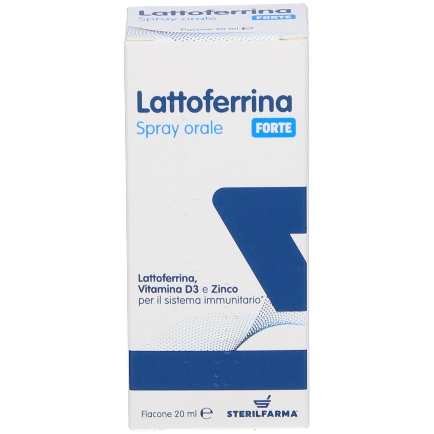 Confezione del prodotto. Scritta: Lattoferrina Spray orale FORTE. Contiene: Lattoferrina, Vitamina D3 e Zinco.